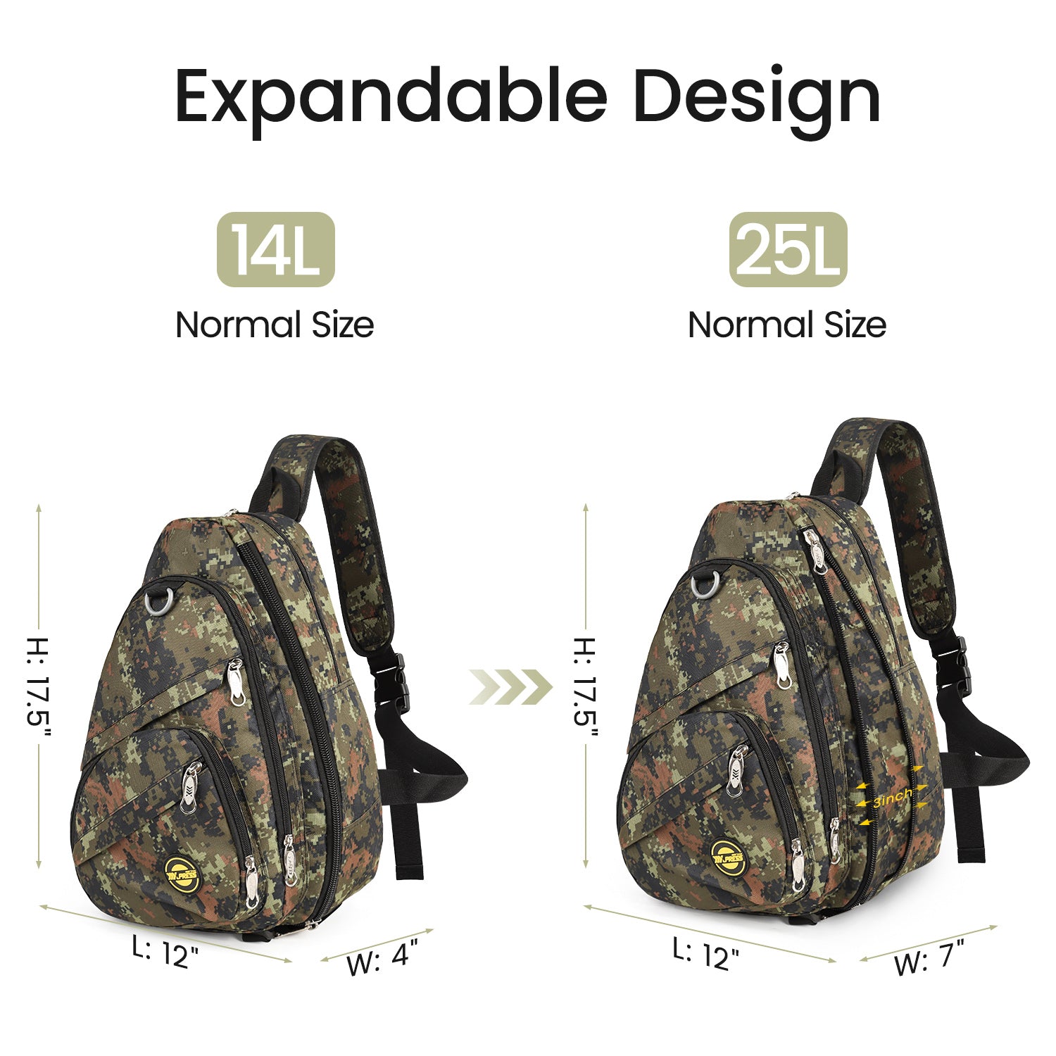 New York XPress Camouflage Crossbody Sling Bags for Men/Women w/Adjustable Strap,Expandable 14–25L,for Sports Hiking Daypack