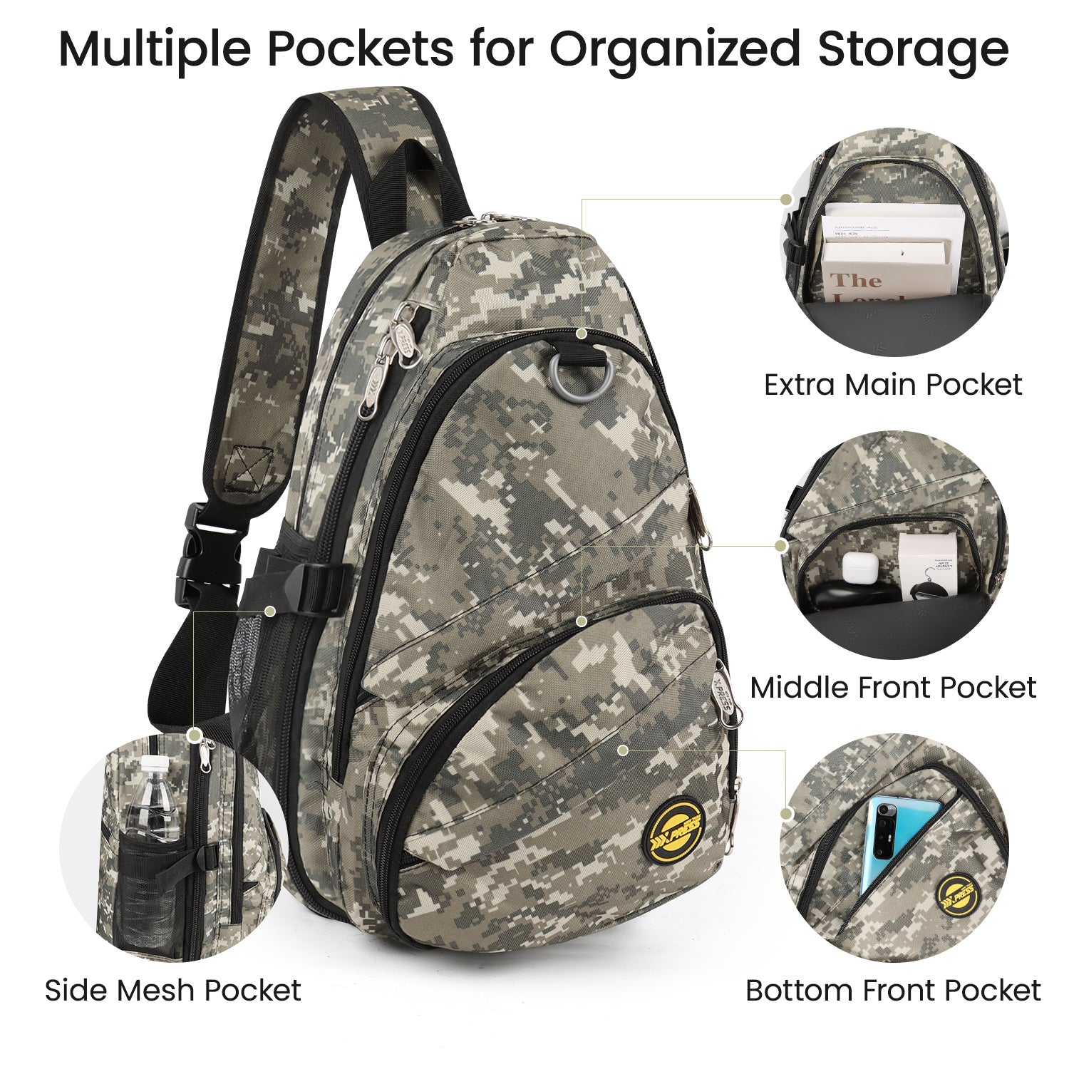 New York XPress Camouflage Crossbody Sling Bags for Men/Women w/Adjustable Strap,Expandable 14–25L,for Sports Hiking Daypack
