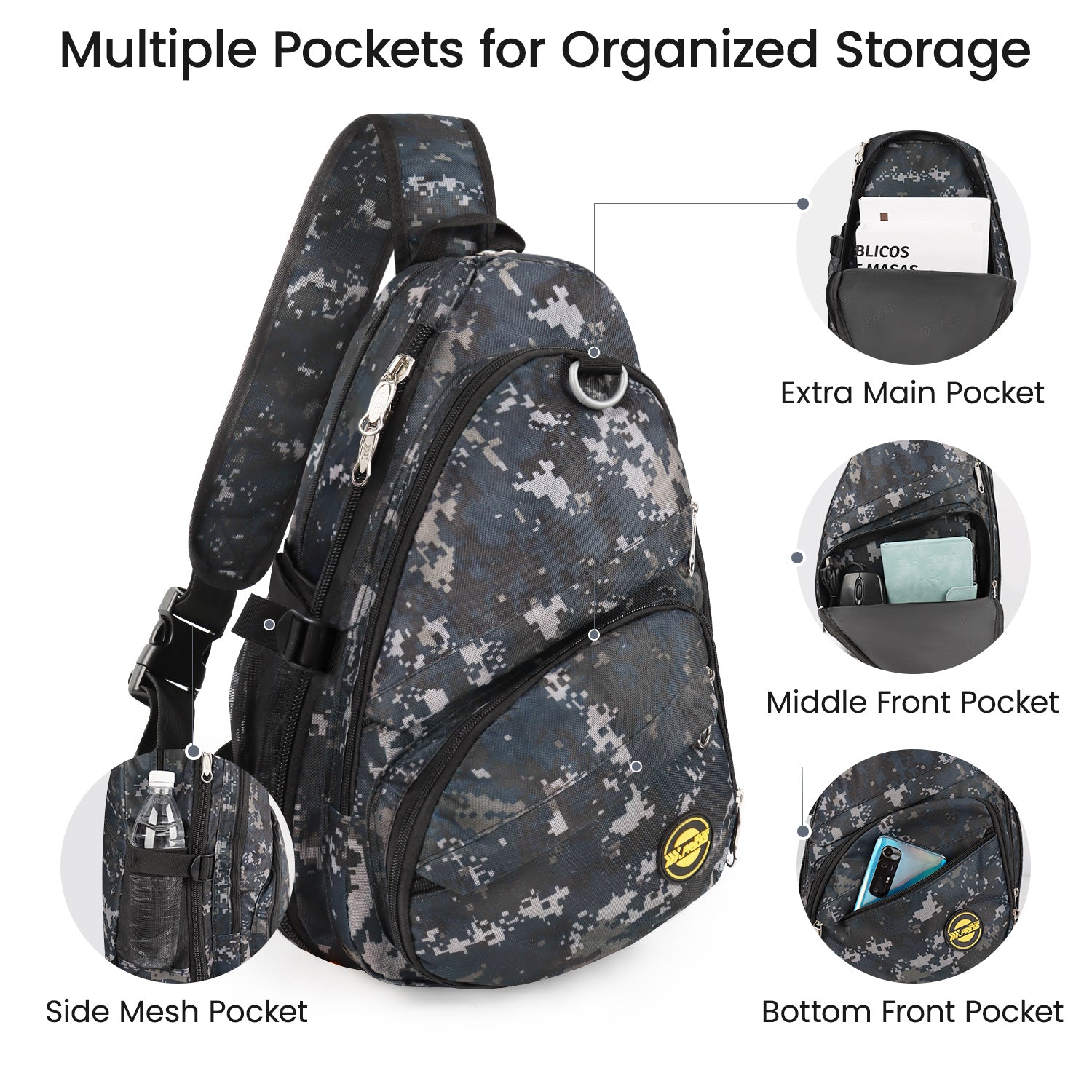 New York XPress Camouflage Crossbody Sling Bags for Men/Women w/Adjustable Strap,Expandable 14–25L,for Sports Hiking Daypack