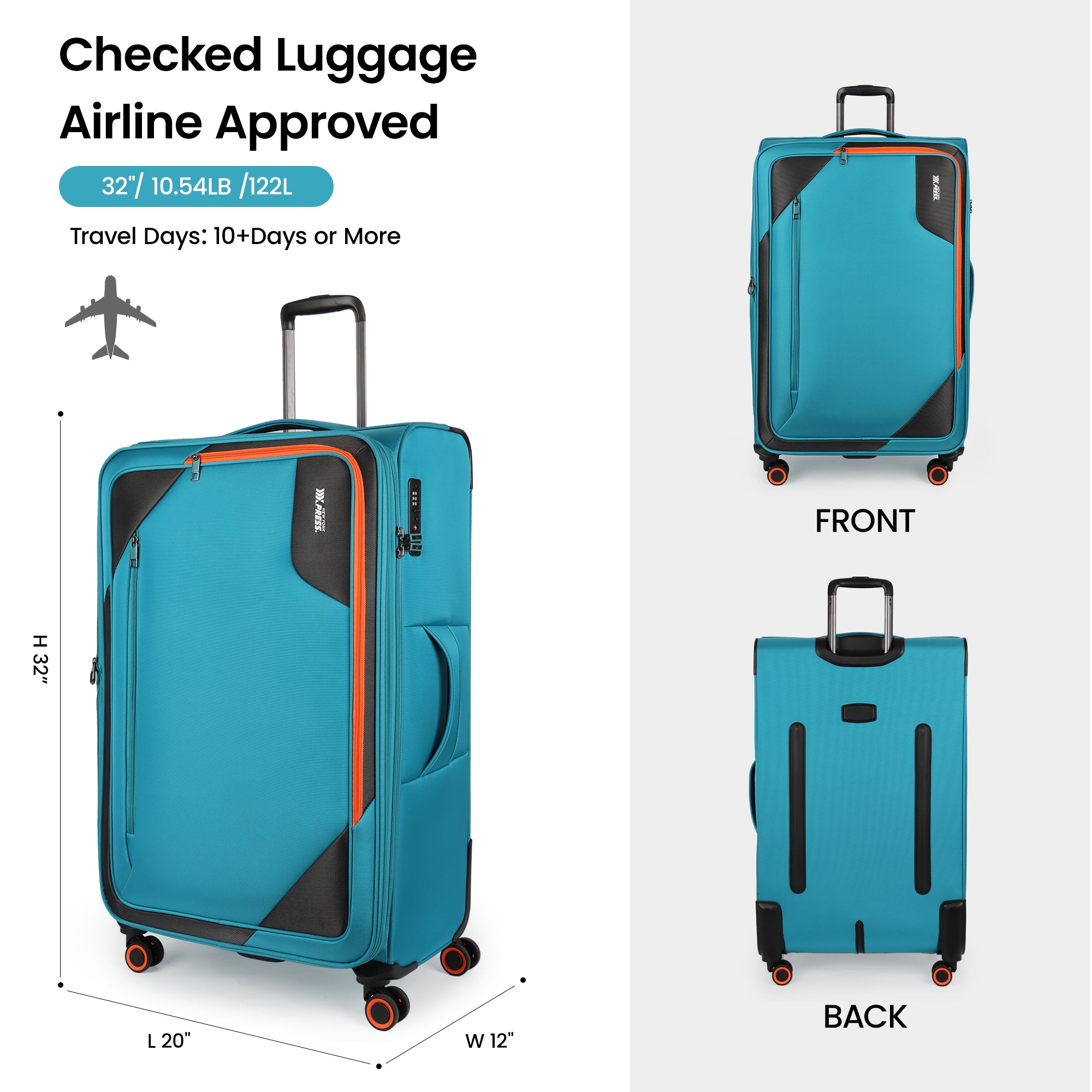 New York XPress WD-8818 Single Suitcase 20''/26''/30'',Softside Suitcase with TSA LOCK,Expandable 20% Luggage with Spinner Wheels,Tear-Resistant