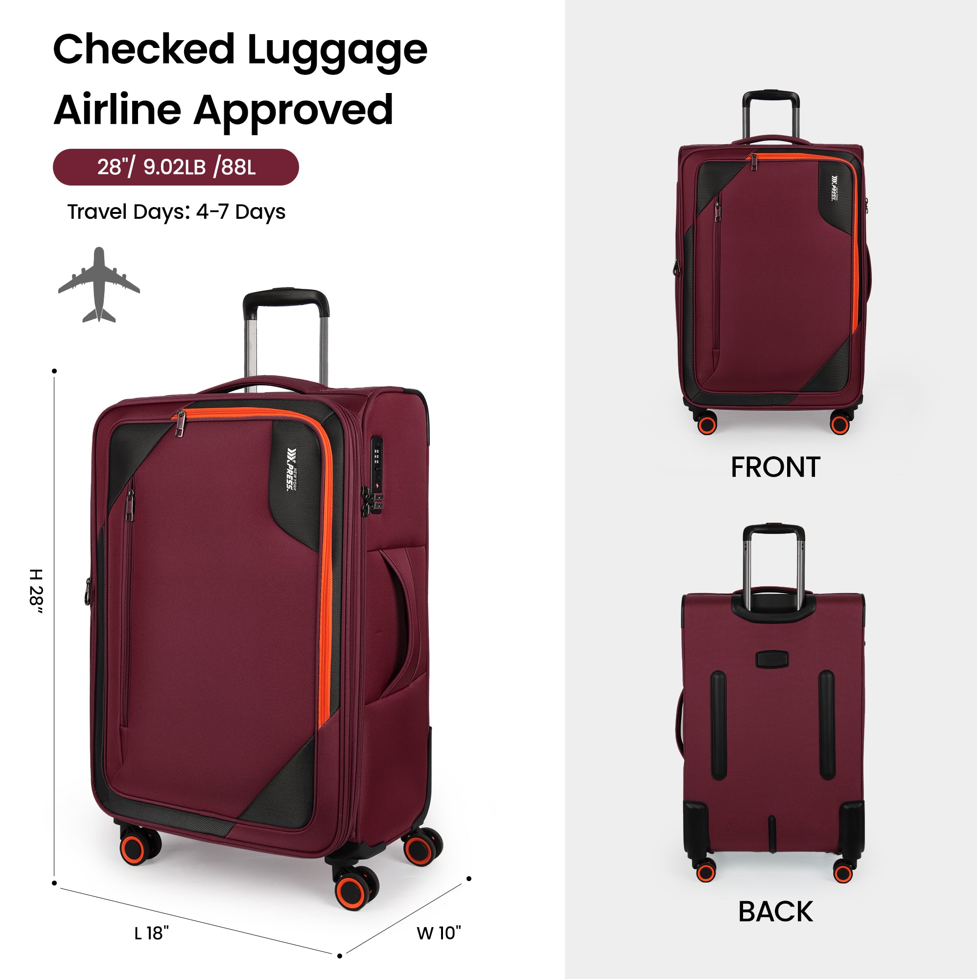New York XPress WD-8818 Single Suitcase 20''/26''/30'',Softside Suitcase with TSA LOCK,Expandable 20% Luggage with Spinner Wheels,Tear-Resistant