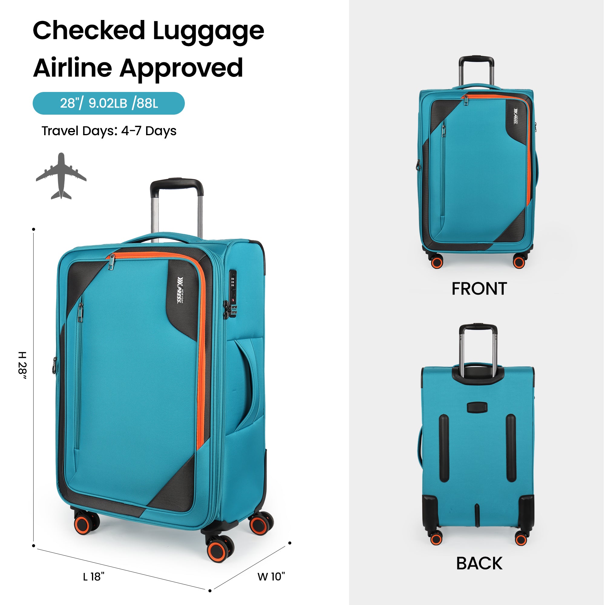 New York XPress WD-8818 Single Suitcase 20''/26''/30'',Softside Suitcase with TSA LOCK,Expandable 20% Luggage with Spinner Wheels,Tear-Resistant