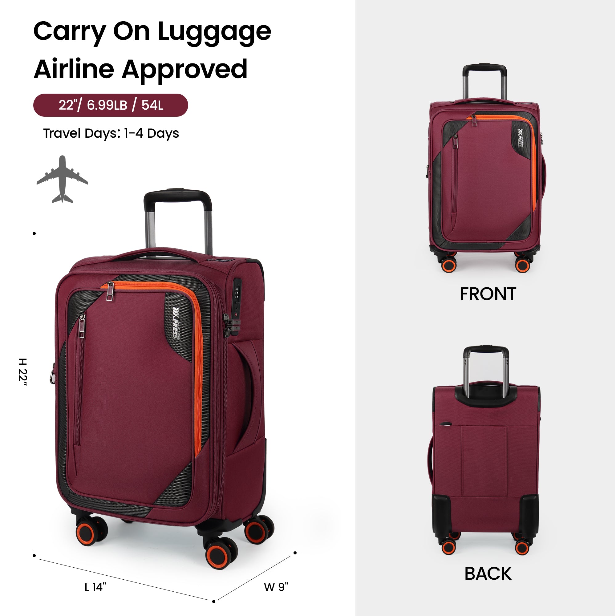 New York XPress WD-8818 Single Suitcase 20''/26''/30'',Softside Suitcase with TSA LOCK,Expandable 20% Luggage with Spinner Wheels,Tear-Resistant