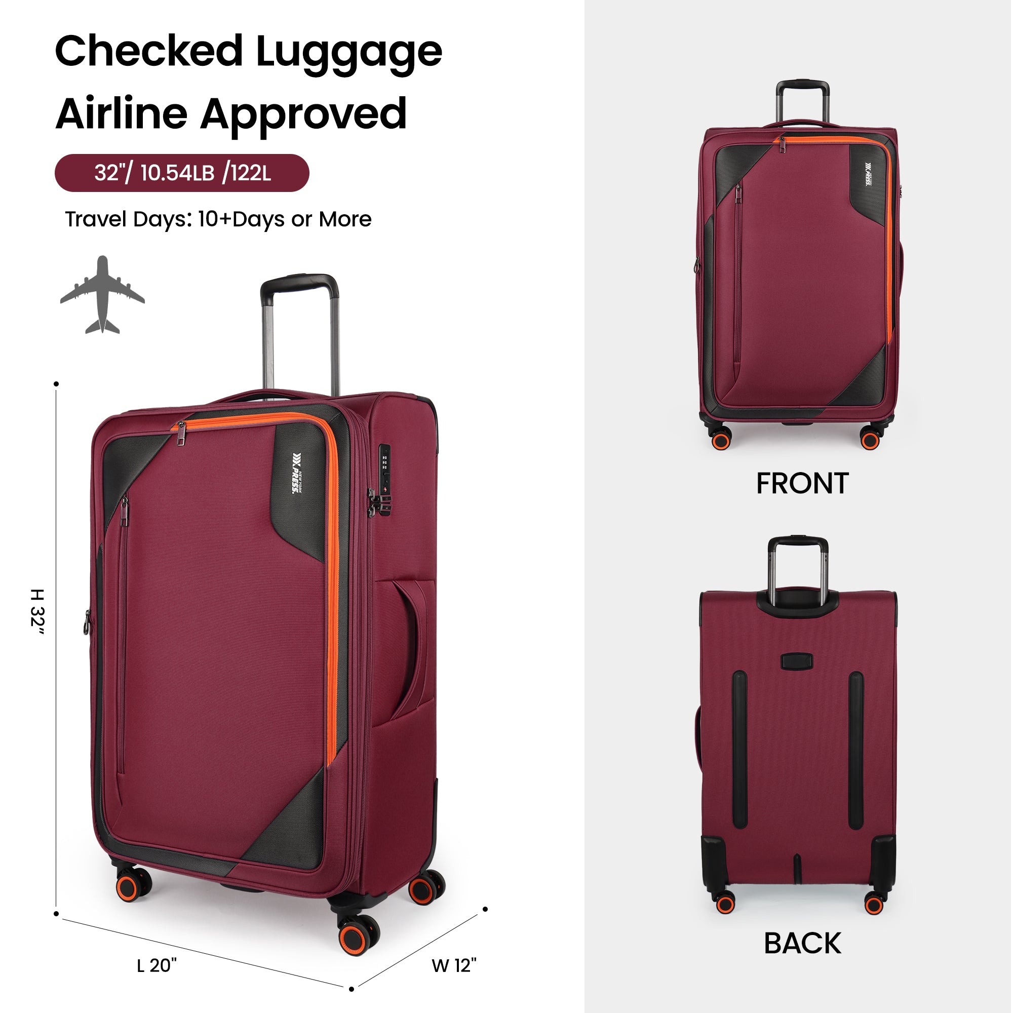 New York XPress WD-8818 Single Suitcase 20''/26''/30'',Softside Suitcase with TSA LOCK,Expandable 20% Luggage with Spinner Wheels,Tear-Resistant
