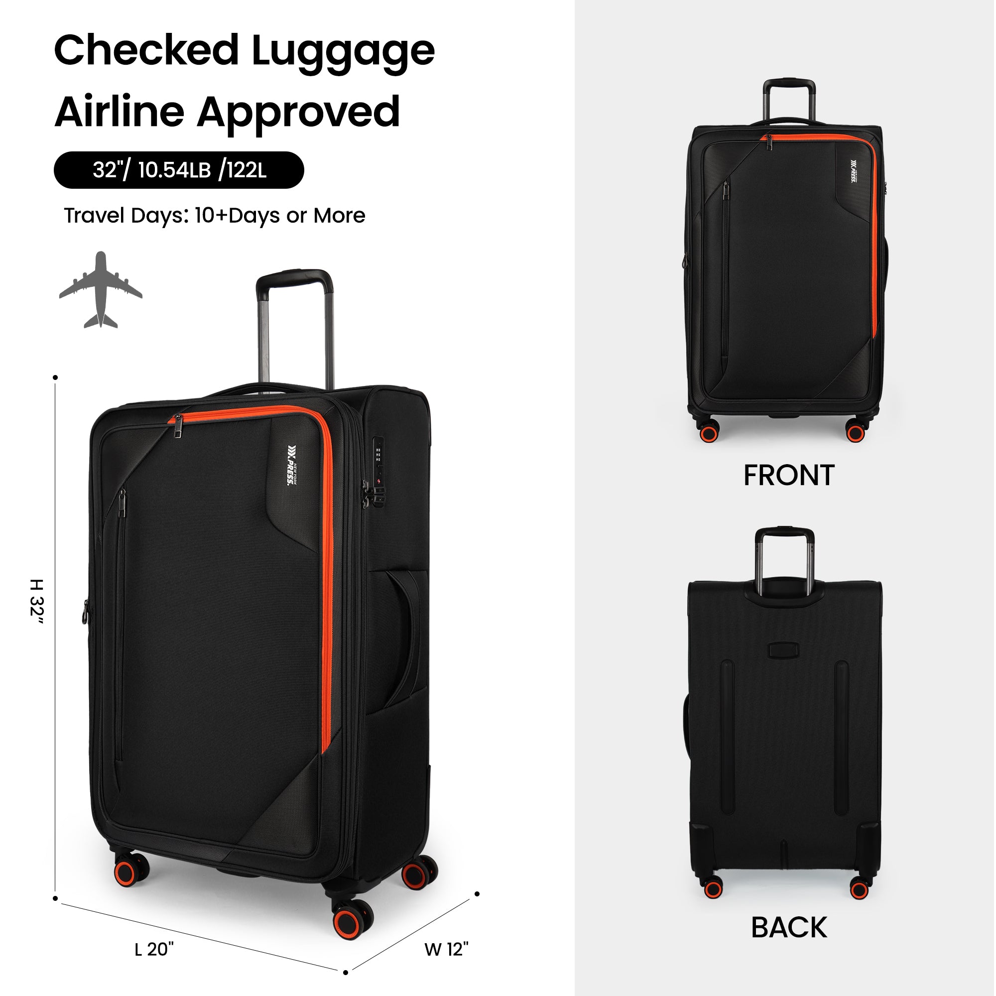 New York XPress WD-8818 Single Suitcase 20''/26''/30'',Softside Suitcase with TSA LOCK,Expandable 20% Luggage with Spinner Wheels,Tear-Resistant
