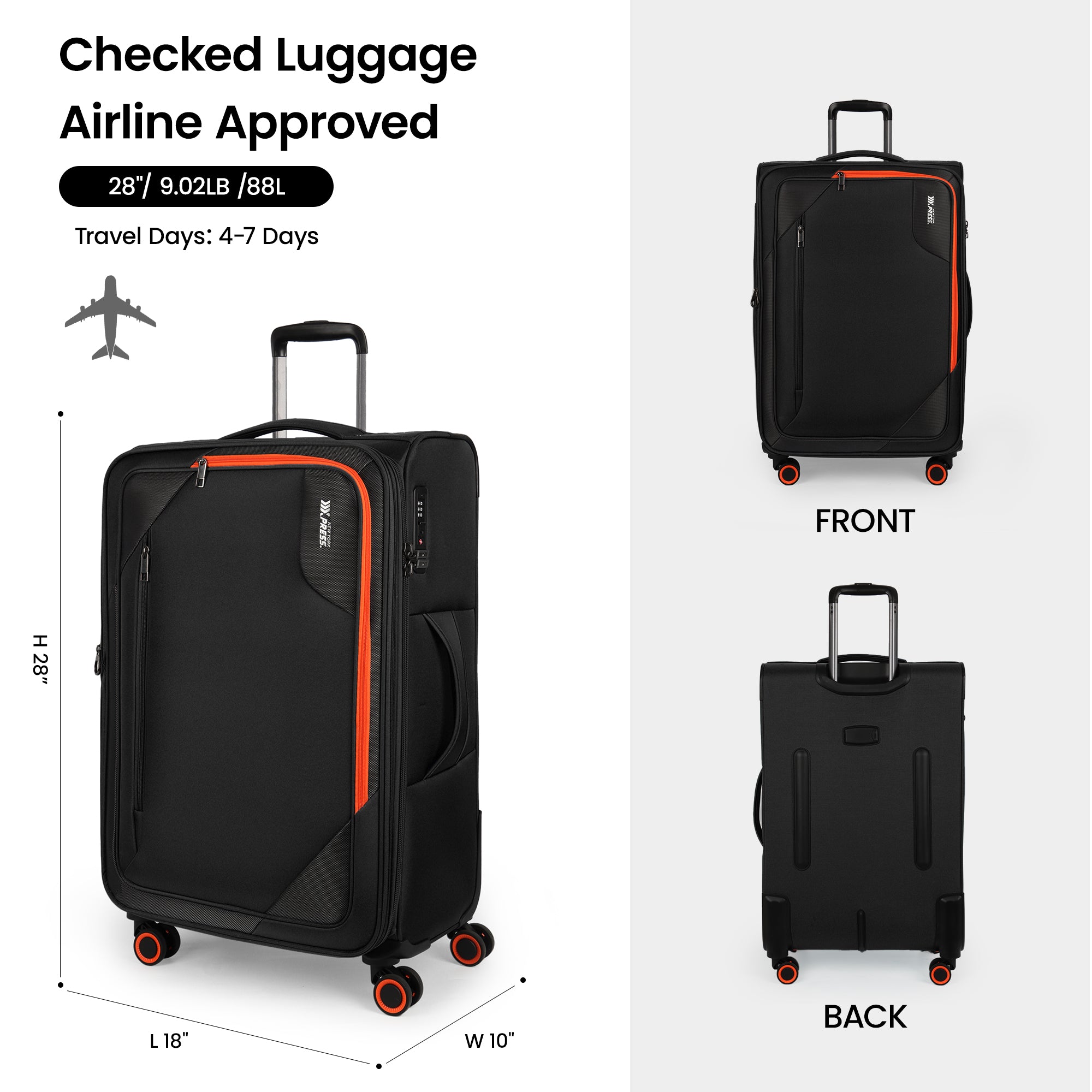 New York XPress WD-8818 Single Suitcase 20''/26''/30'',Softside Suitcase with TSA LOCK,Expandable 20% Luggage with Spinner Wheels,Tear-Resistant
