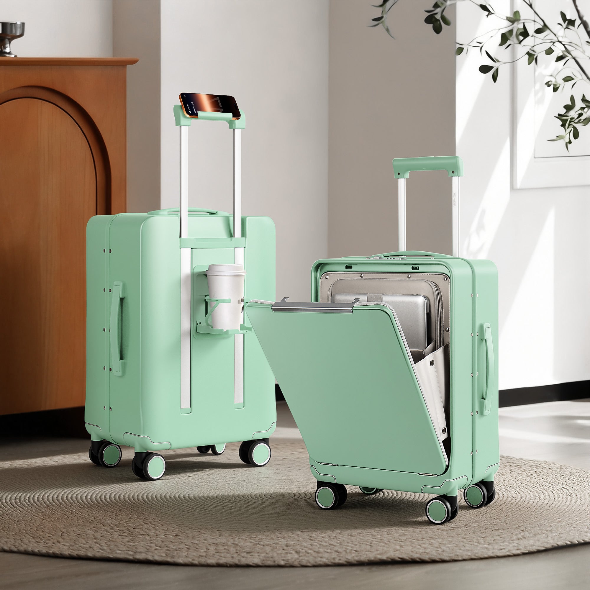 New York XPress LA-266, 20'' Carry on Luggage with Front Pocket & Cup Holder,Suitcase with Aluminum Frame,PC Hard Shell Suitcases w/TSA LOCK