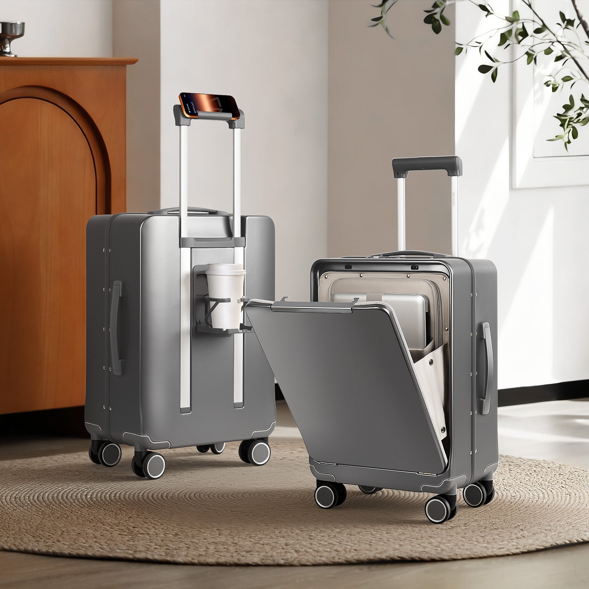 New York XPress LA-266, 20'' Carry on Luggage with Front Pocket & Cup Holder,Suitcase with Aluminum Frame,PC Hard Shell Suitcases w/TSA LOCK