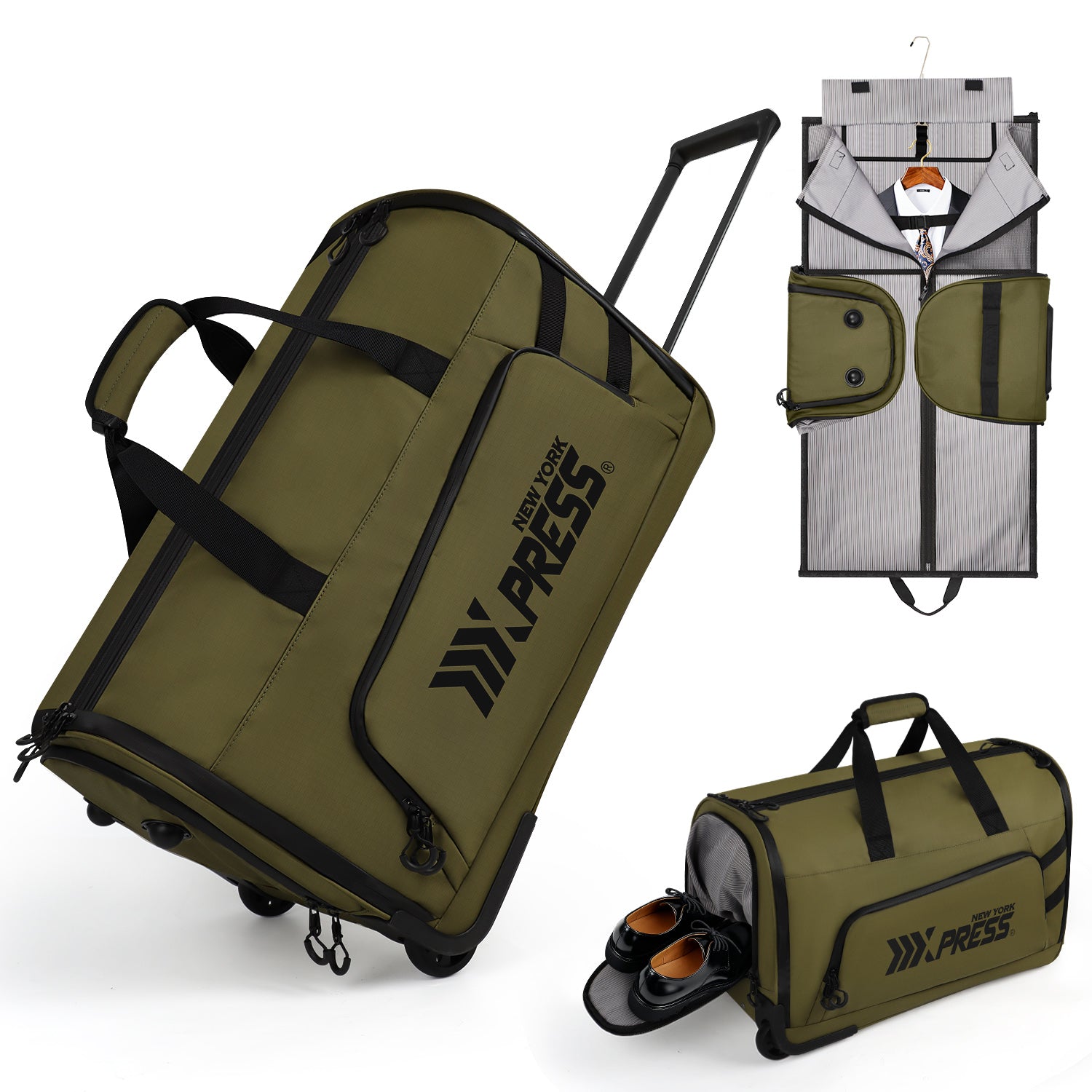 New York XPress GB-161, 2 in 1 Rolling Garment Bag with Wheels,Overnight Bags with Wheels,Rolling Duffle Bag w/Shoes Compartment