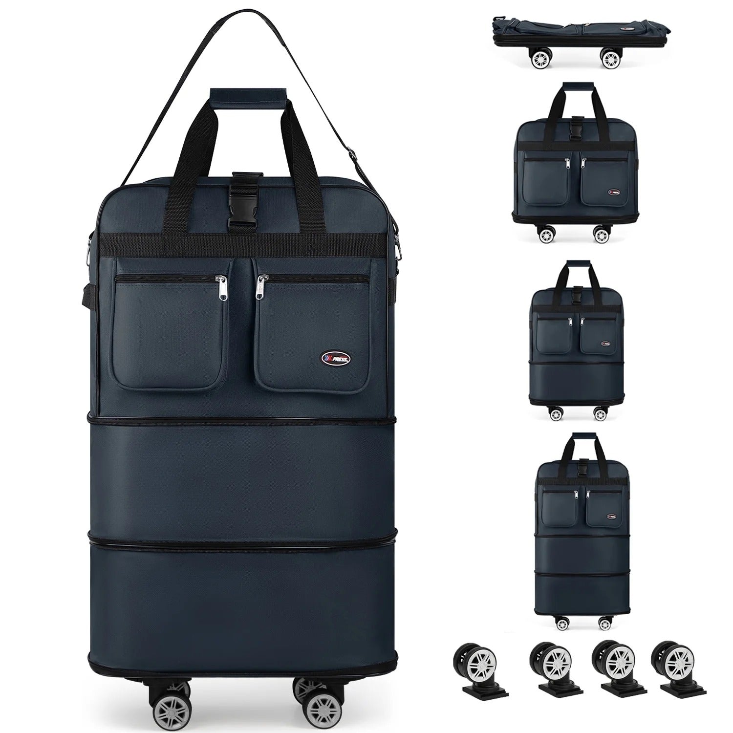 3-Layer Expandable Foldable Suitcase Bag, Luggage Rolling Collapsible Duffel Bag with Removable Spinner Wheels,Large Capacity Water-Resistant Travel Bag for Trip Moving Storage