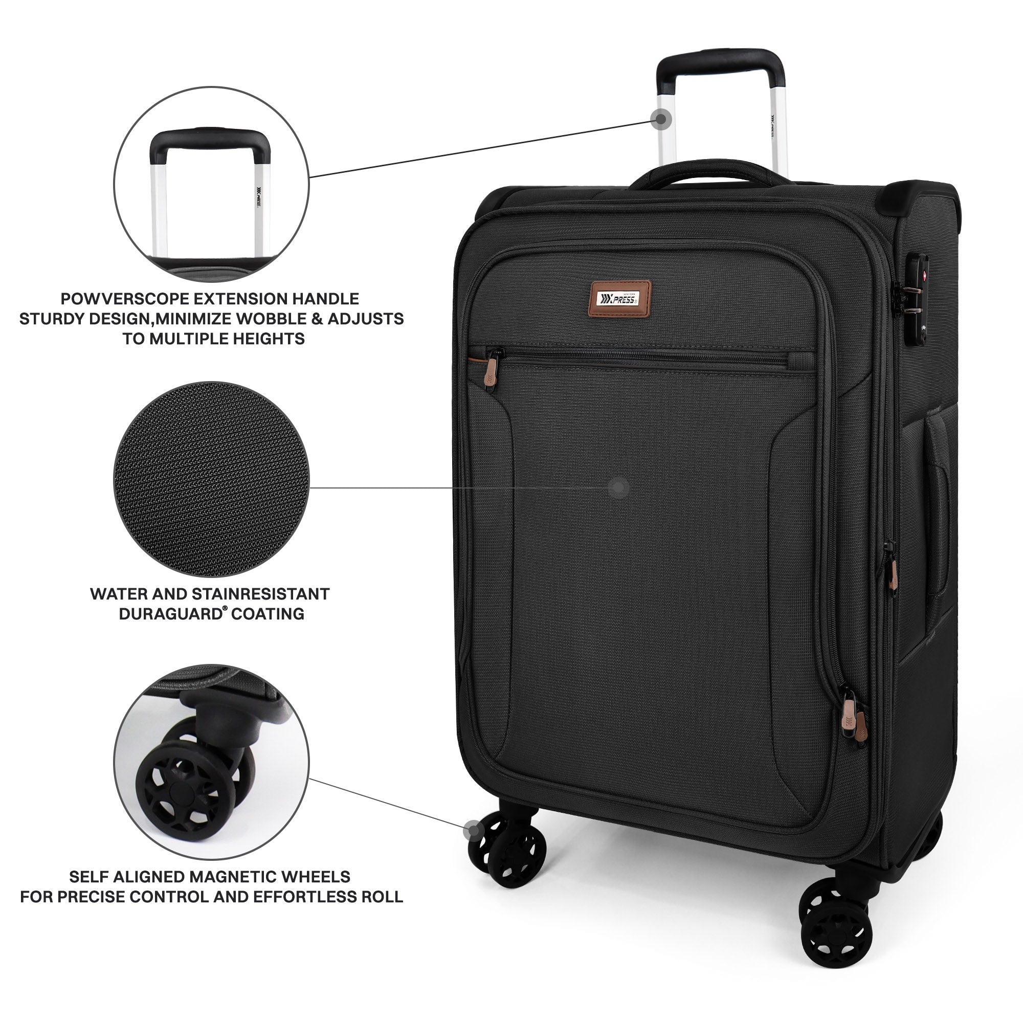New York XPress XJ-1907,20in/24in/28in-Expandable 20% Luggage-Suitcases with Wheels Hardshell-Softside Luggage-Charcoal Material w/TSA LOCK