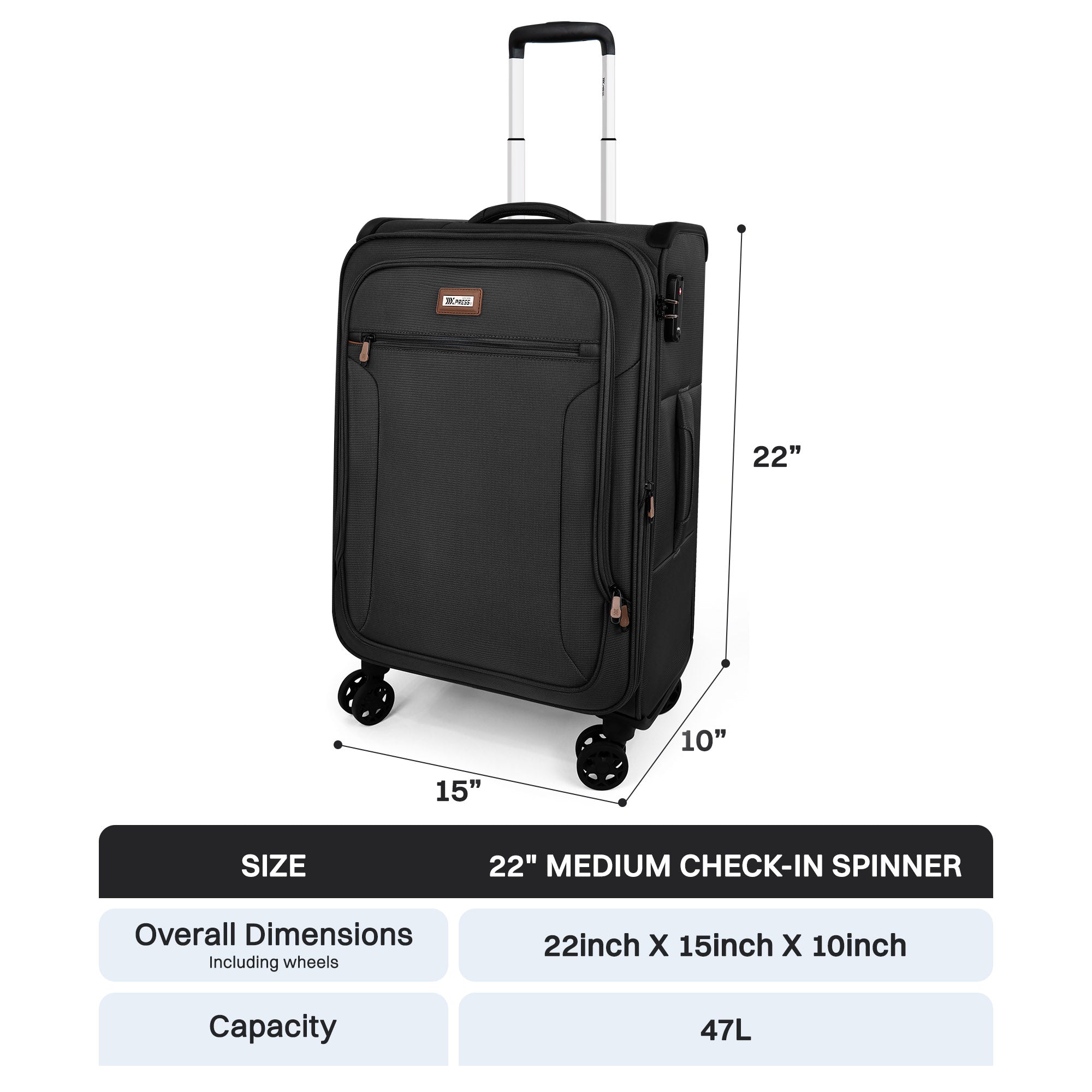 New York XPress XJ-1907,20in/24in/28in-Expandable 20% Luggage-Suitcases with Wheels Hardshell-Softside Luggage-Charcoal Material w/TSA LOCK