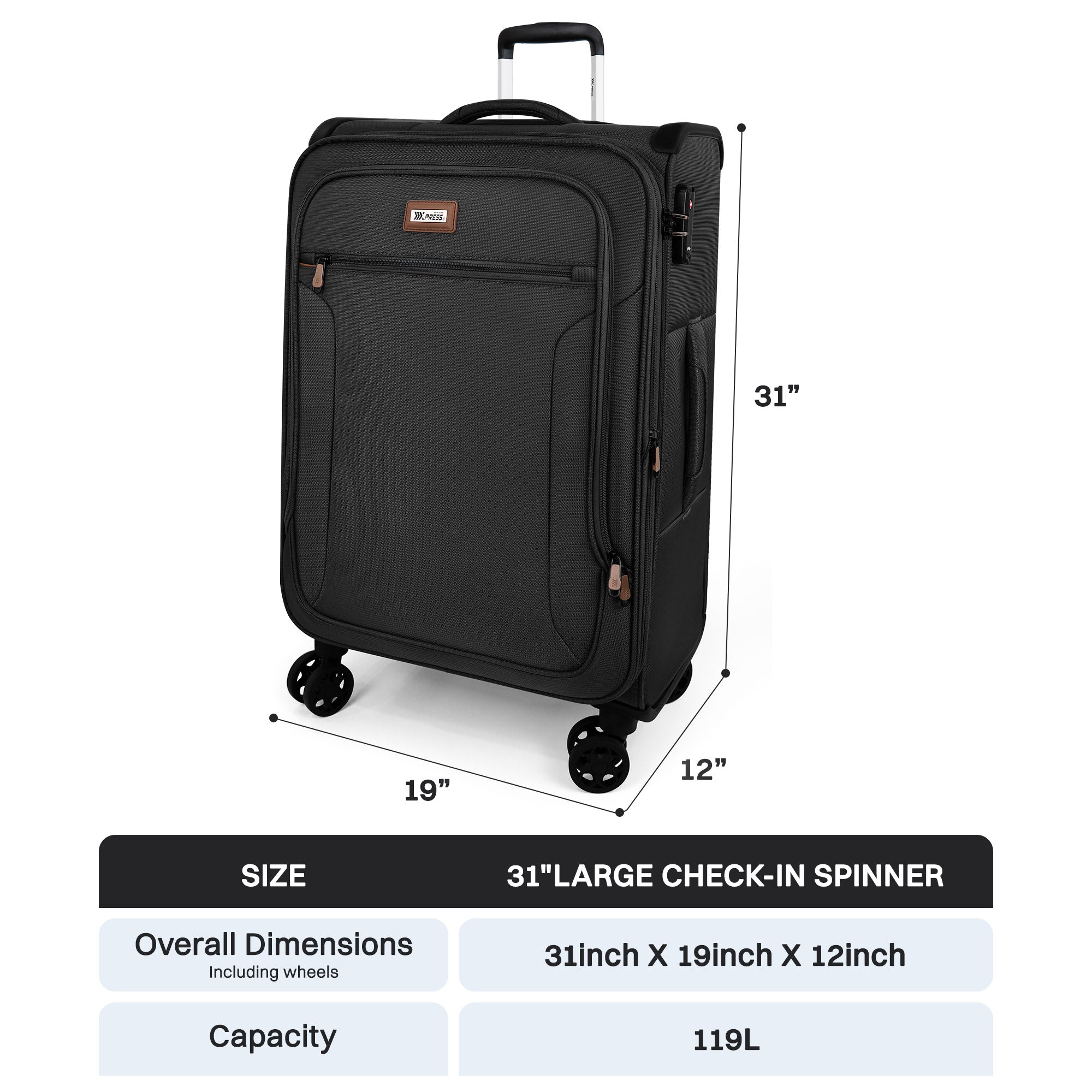 New York XPress XJ-1907,20in/24in/28in-Expandable 20% Luggage-Suitcases with Wheels Hardshell-Softside Luggage-Charcoal Material w/TSA LOCK