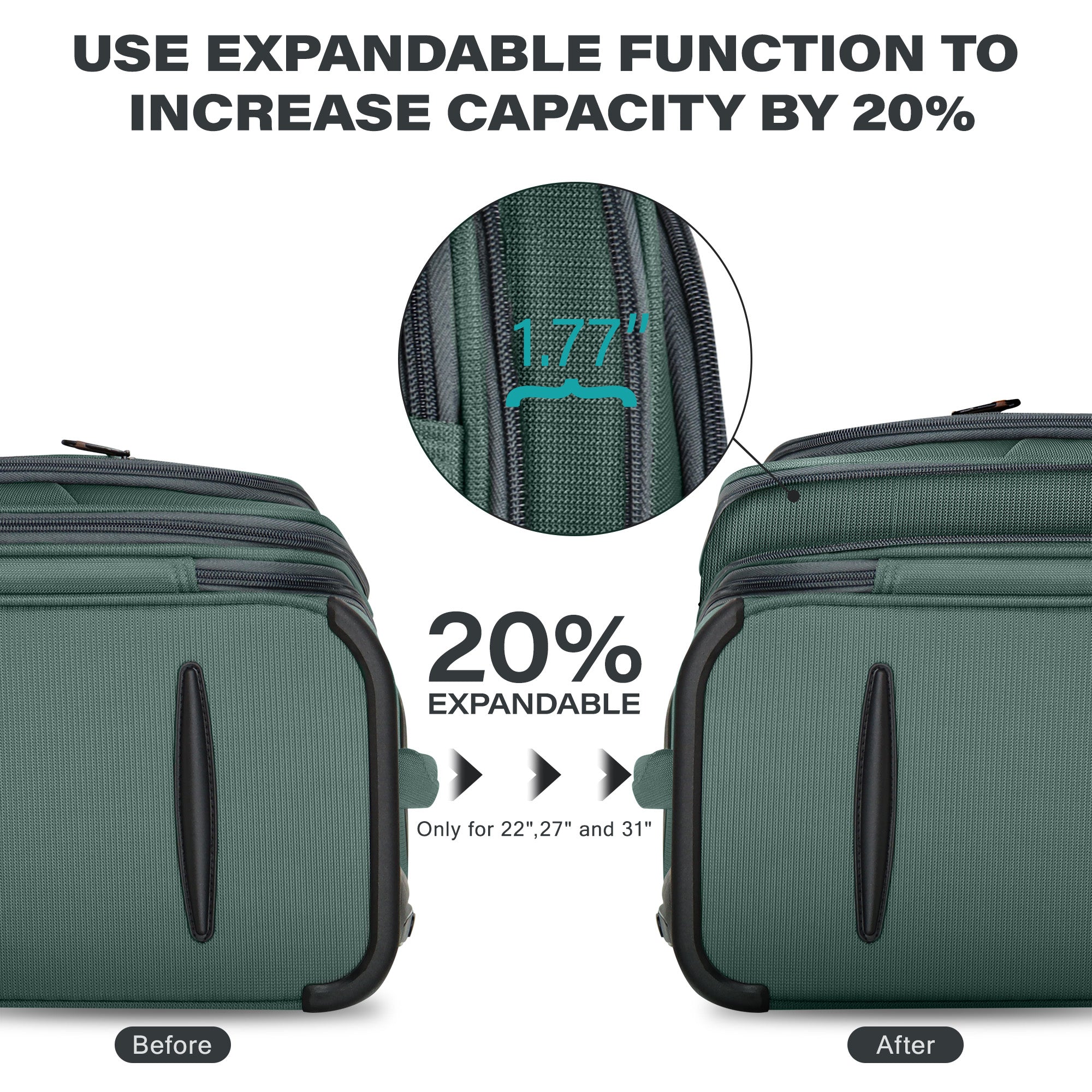 New York XPress XJ-1907,20in/24in/28in-Expandable 20% Luggage-Suitcases with Wheels Hardshell-Softside Luggage-Charcoal Material w/TSA LOCK