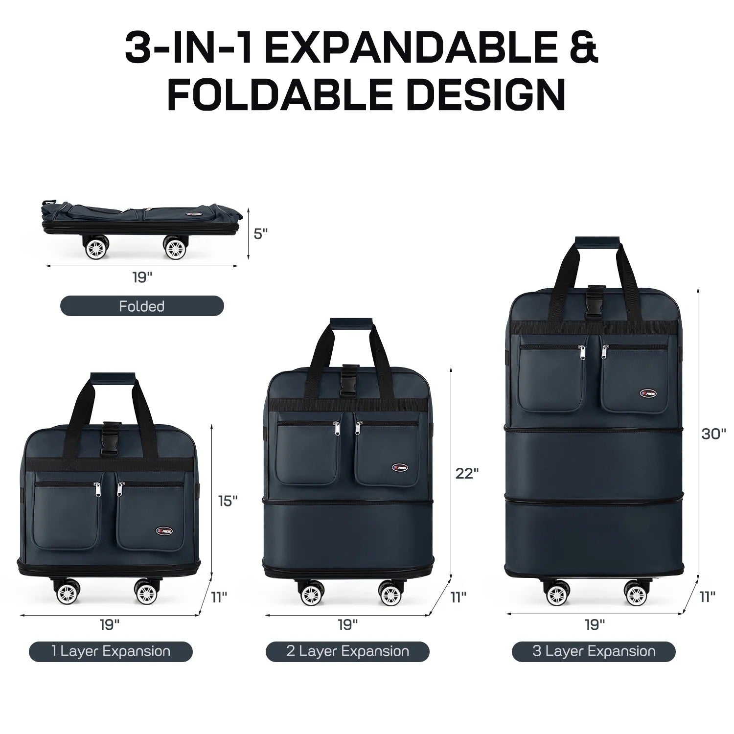 3-Layer Expandable Foldable Suitcase Bag, Luggage Rolling Collapsible Duffel Bag with Removable Spinner Wheels,Large Capacity Water-Resistant Travel Bag for Trip Moving Storage