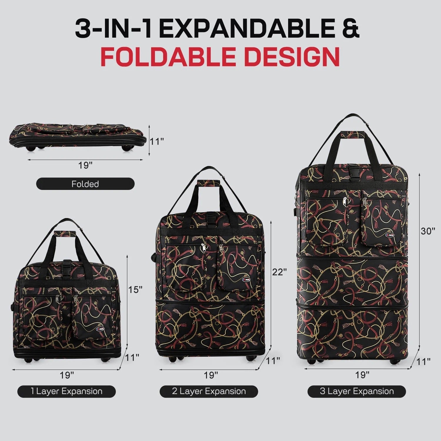New York XPress 3 Layer Expandable Suitcase Bag Foldable Wheeled Duffel Bag with Wheels & Handles,Waterpoof Large Travel Duffel Bag for Trip Moving Storage