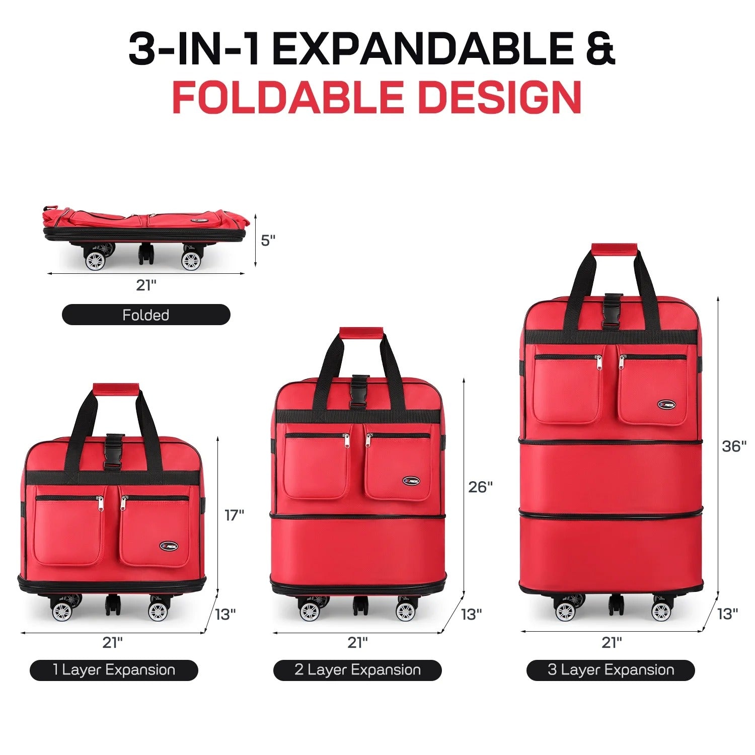 3-Layer Expandable Foldable Suitcase Bag, Luggage Rolling Collapsible Duffel Bag with Removable Spinner Wheels,Large Capacity Water-Resistant Travel Bag for Trip Moving Storage
