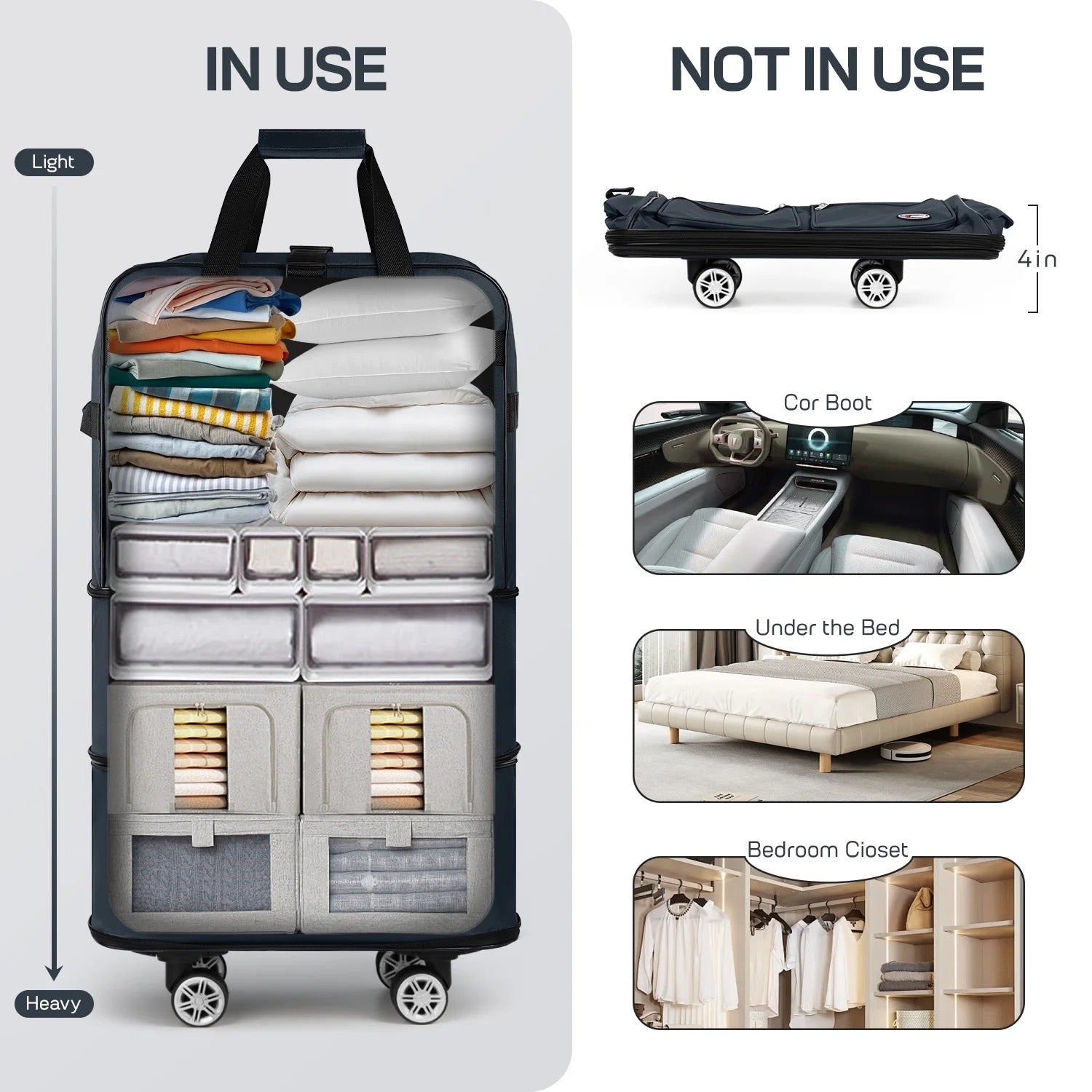 3-Layer Expandable Foldable Suitcase Bag, Luggage Rolling Collapsible Duffel Bag with Removable Spinner Wheels,Large Capacity Water-Resistant Travel Bag for Trip Moving Storage