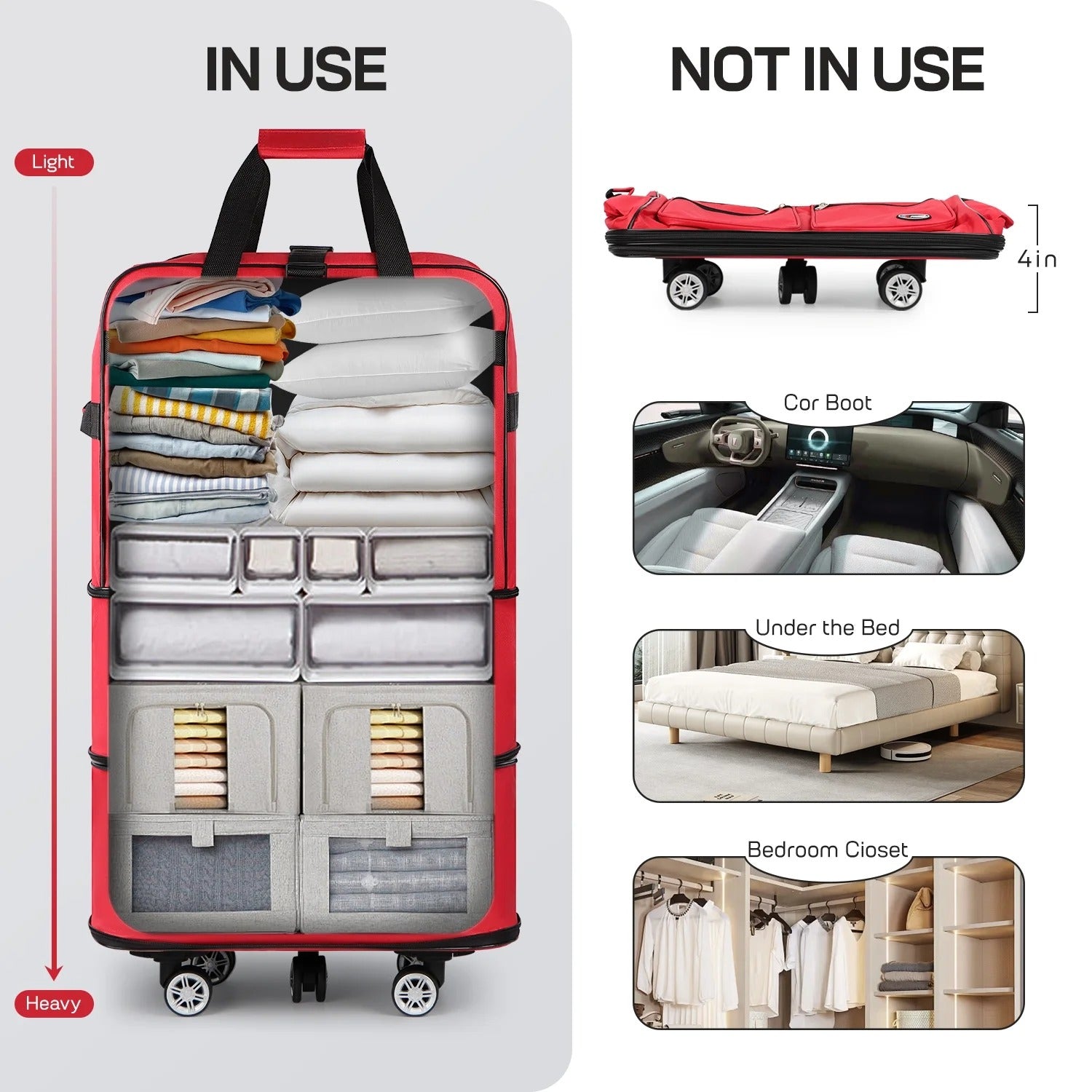 3-Layer Expandable Foldable Suitcase Bag, Luggage Rolling Collapsible Duffel Bag with Removable Spinner Wheels,Large Capacity Water-Resistant Travel Bag for Trip Moving Storage
