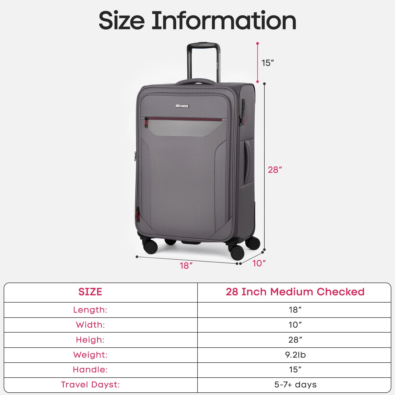 New York XPress WD-8817 Single Suitcase 20''/26''/30'',Lightweight Carry-On Suitcase with Spinner Wheels and TSA LOCK,Upright Softshell Luggage