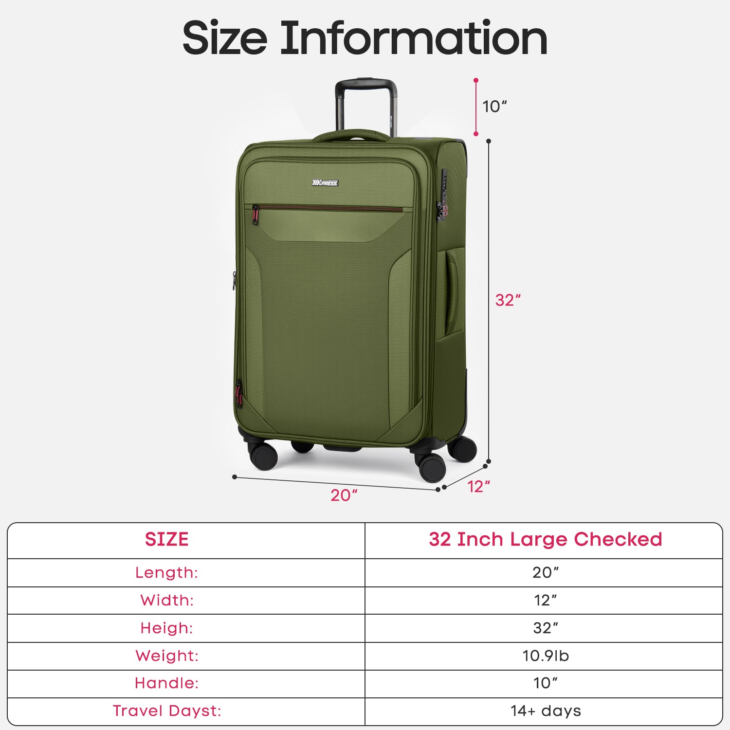 New York XPress WD-8817 Single Suitcase 20''/26''/30'',Lightweight Carry-On Suitcase with Spinner Wheels and TSA LOCK,Upright Softshell Luggage
