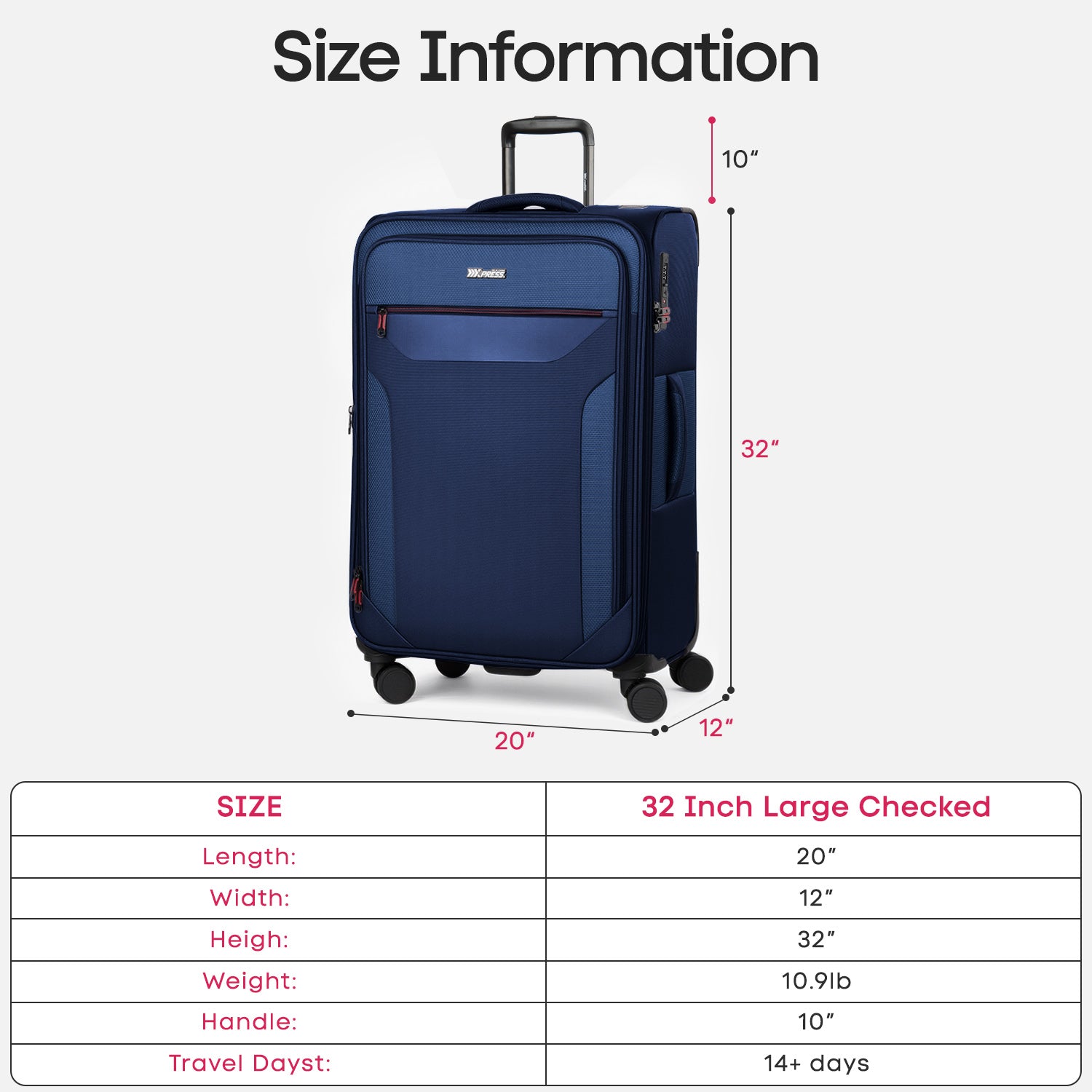 New York XPress WD-8817 Single Suitcase 20''/26''/30'',Lightweight Carry-On Suitcase with Spinner Wheels and TSA LOCK,Upright Softshell Luggage