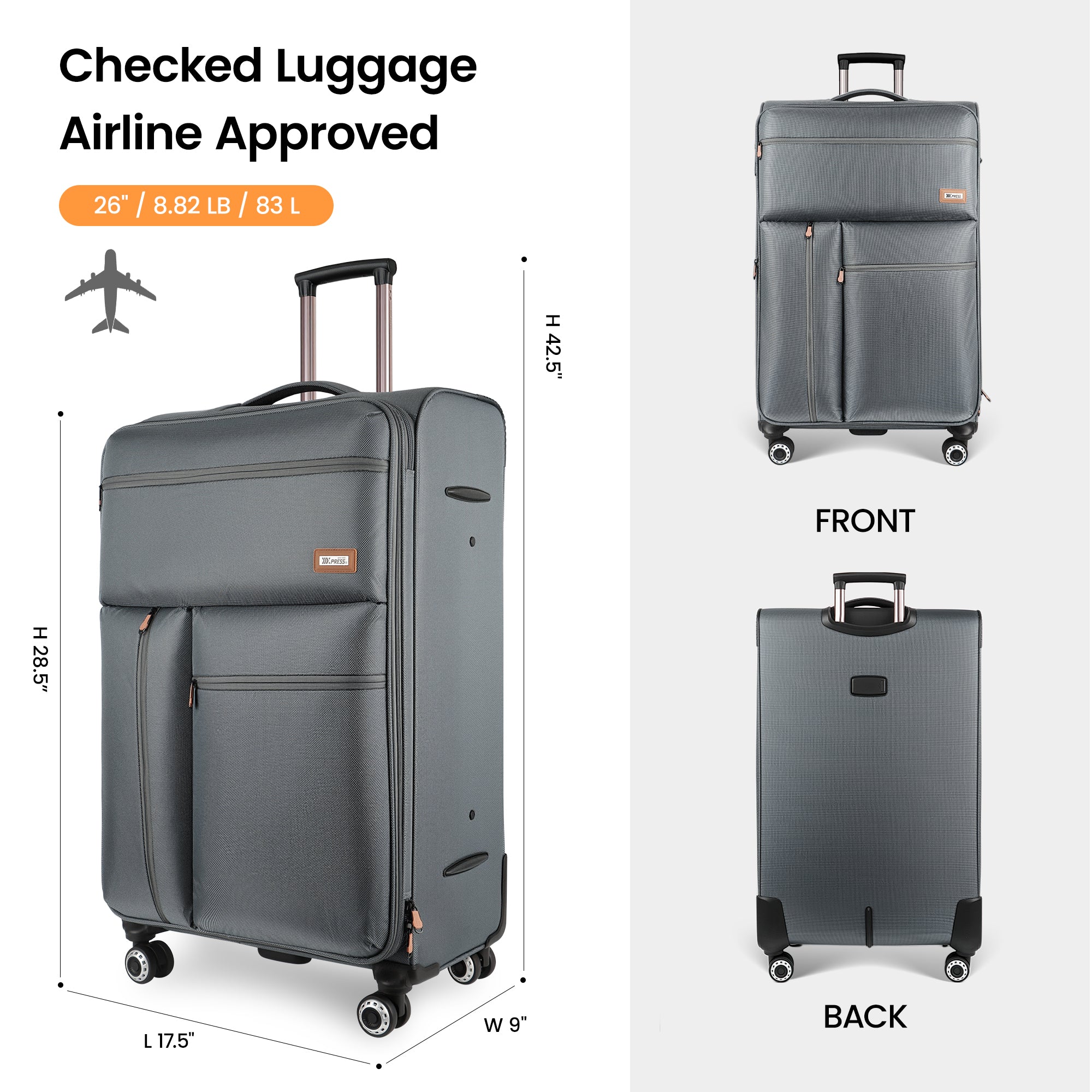 New York XPress XJ 1901,20in/26in/30in Softside Expandable Rolling Luggage w/TSA LOCK and Double Spinner Wheels,Lightweight Suitcases for Men Women