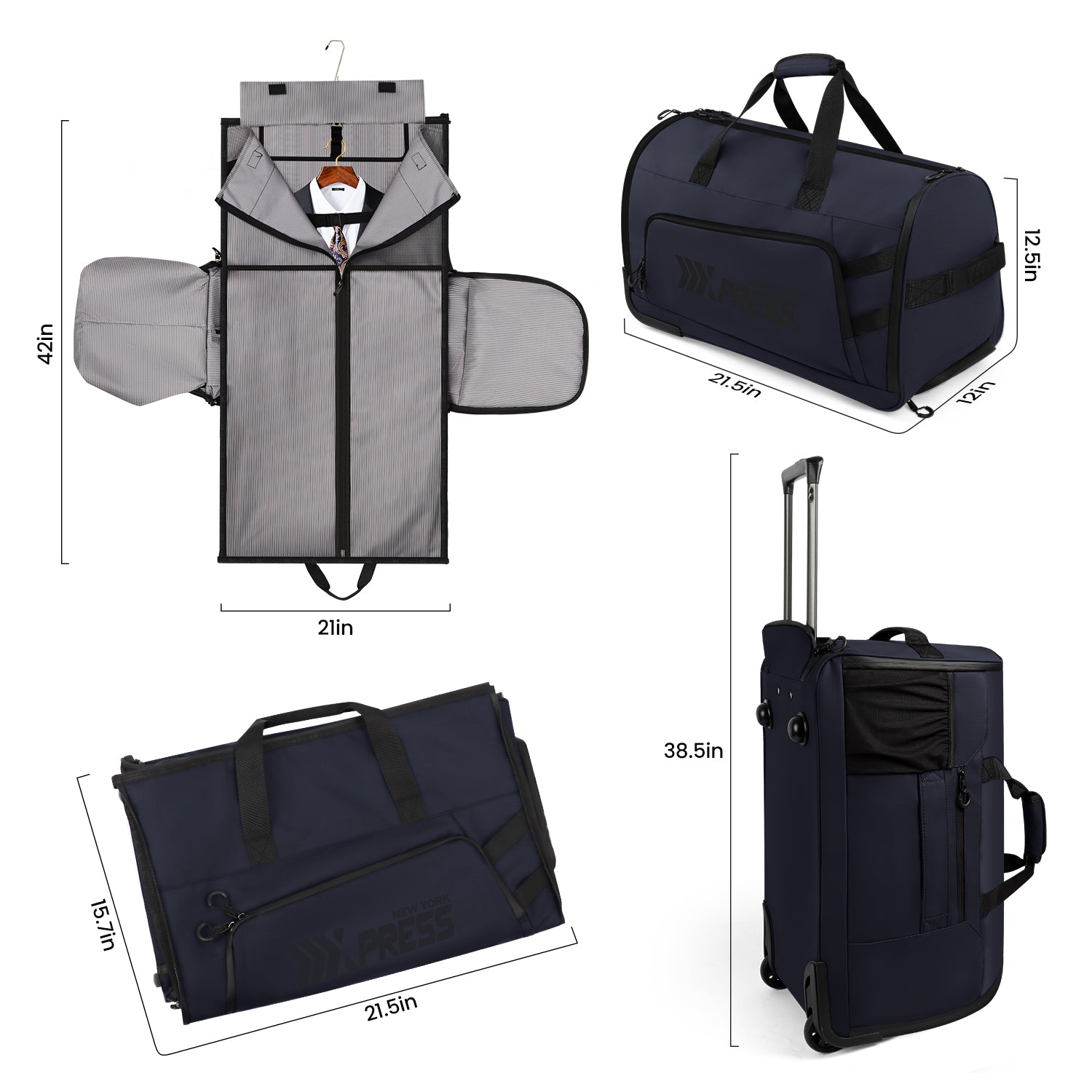 New York XPress GB-161, 2 in 1 Rolling Garment Bag with Wheels,Overnight Bags with Wheels,Rolling Duffle Bag w/Shoes Compartment