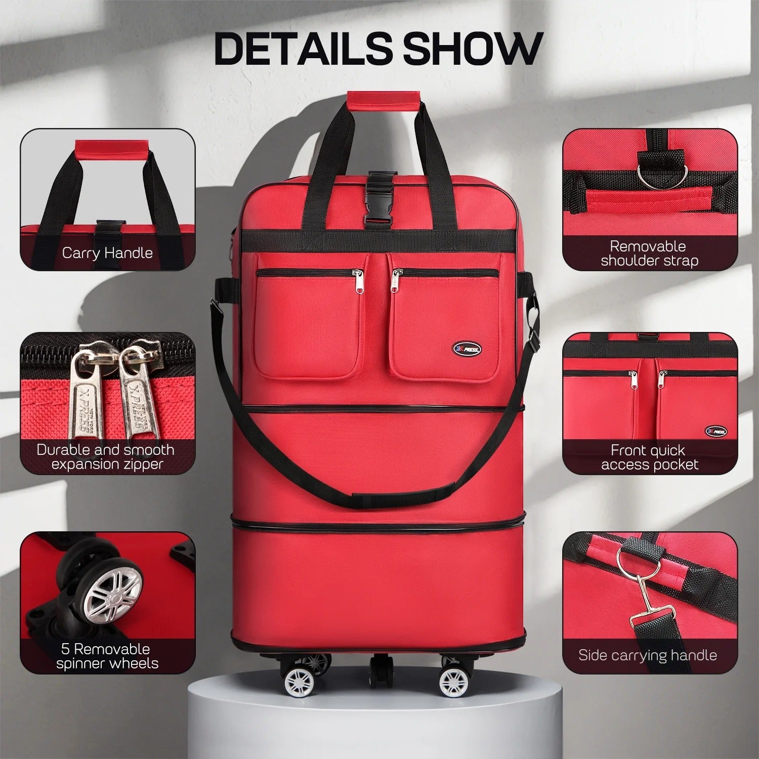 3-Layer Expandable Foldable Suitcase Bag, Luggage Rolling Collapsible Duffel Bag with Removable Spinner Wheels,Large Capacity Water-Resistant Travel Bag for Trip Moving Storage