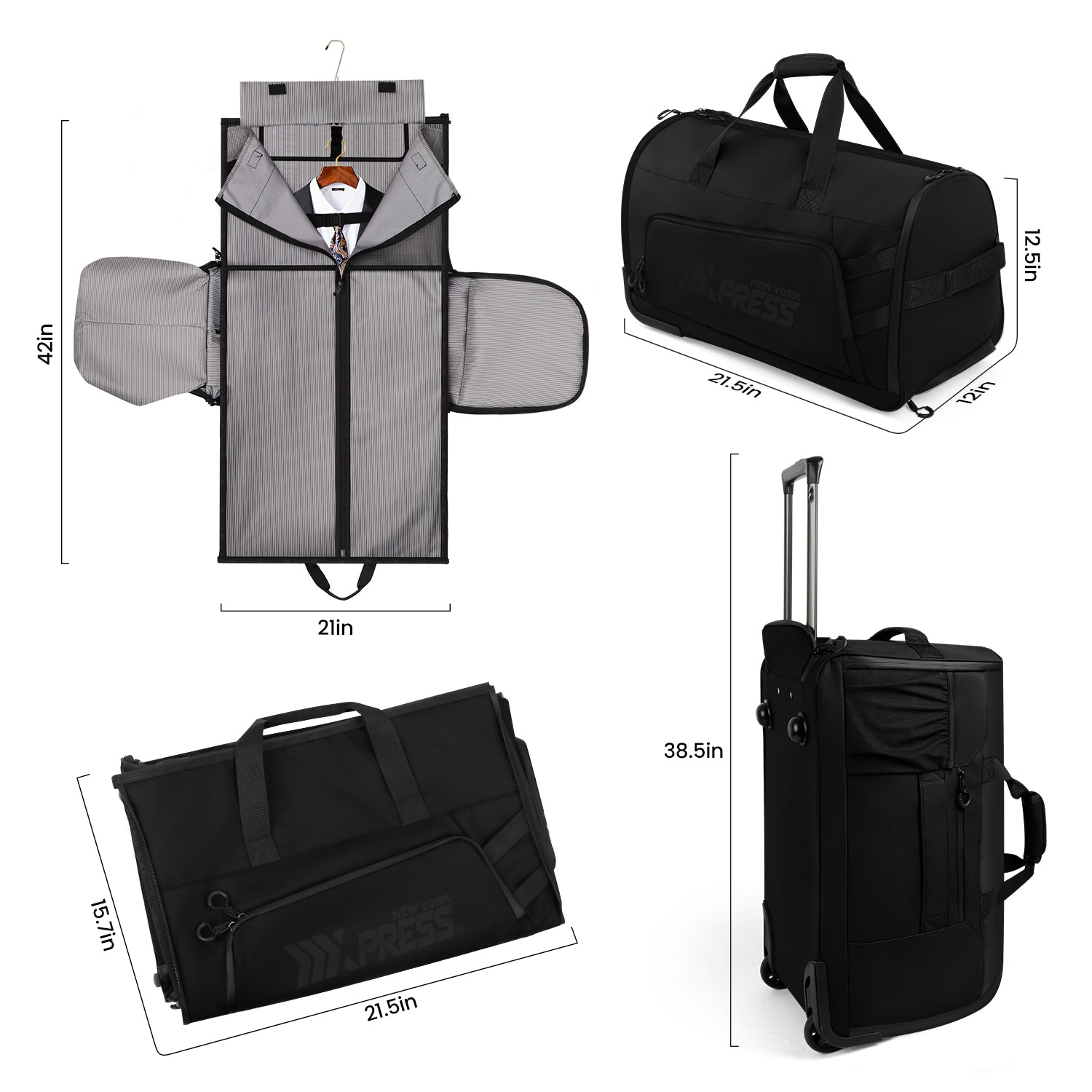 New York XPress GB-161, 2 in 1 Rolling Garment Bag with Wheels,Overnight Bags with Wheels,Rolling Duffle Bag w/Shoes Compartment