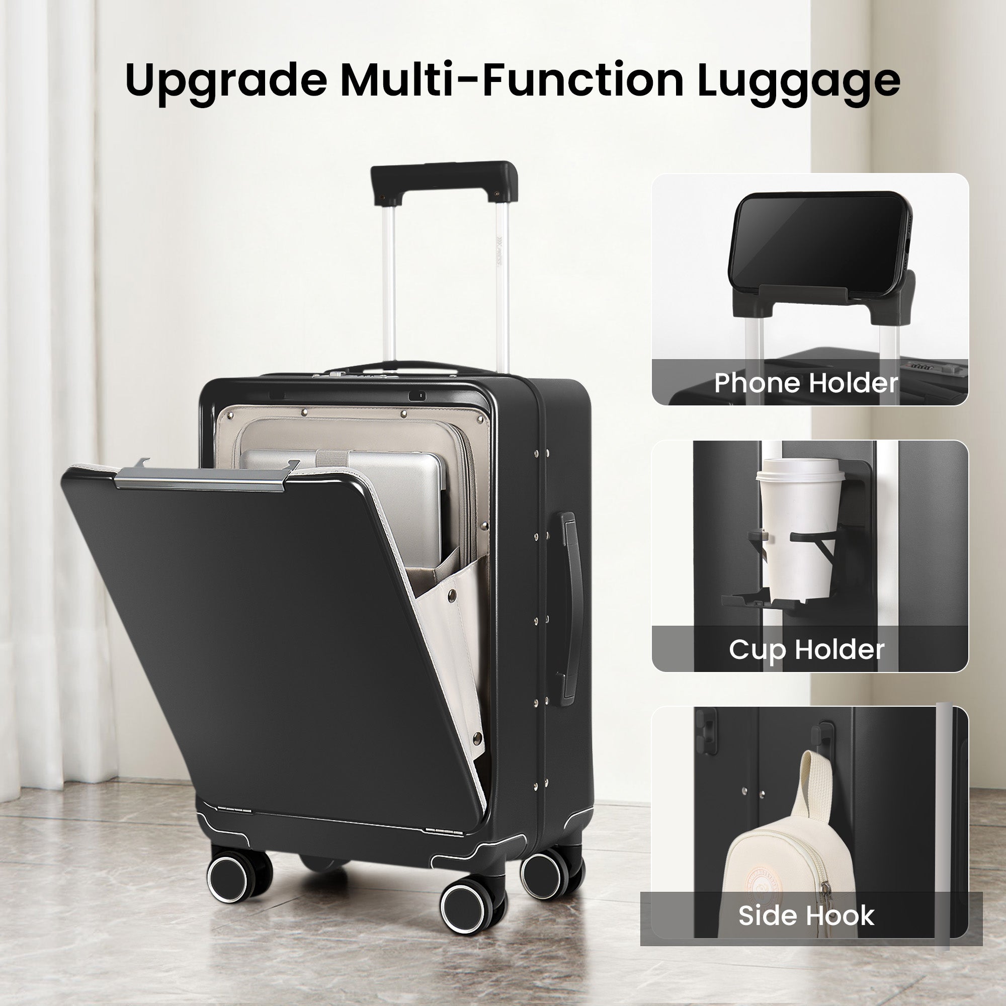 New York XPress LA-266, 20'' Carry on Luggage with Front Pocket & Cup Holder,Suitcase with Aluminum Frame,PC Hard Shell Suitcases w/TSA LOCK
