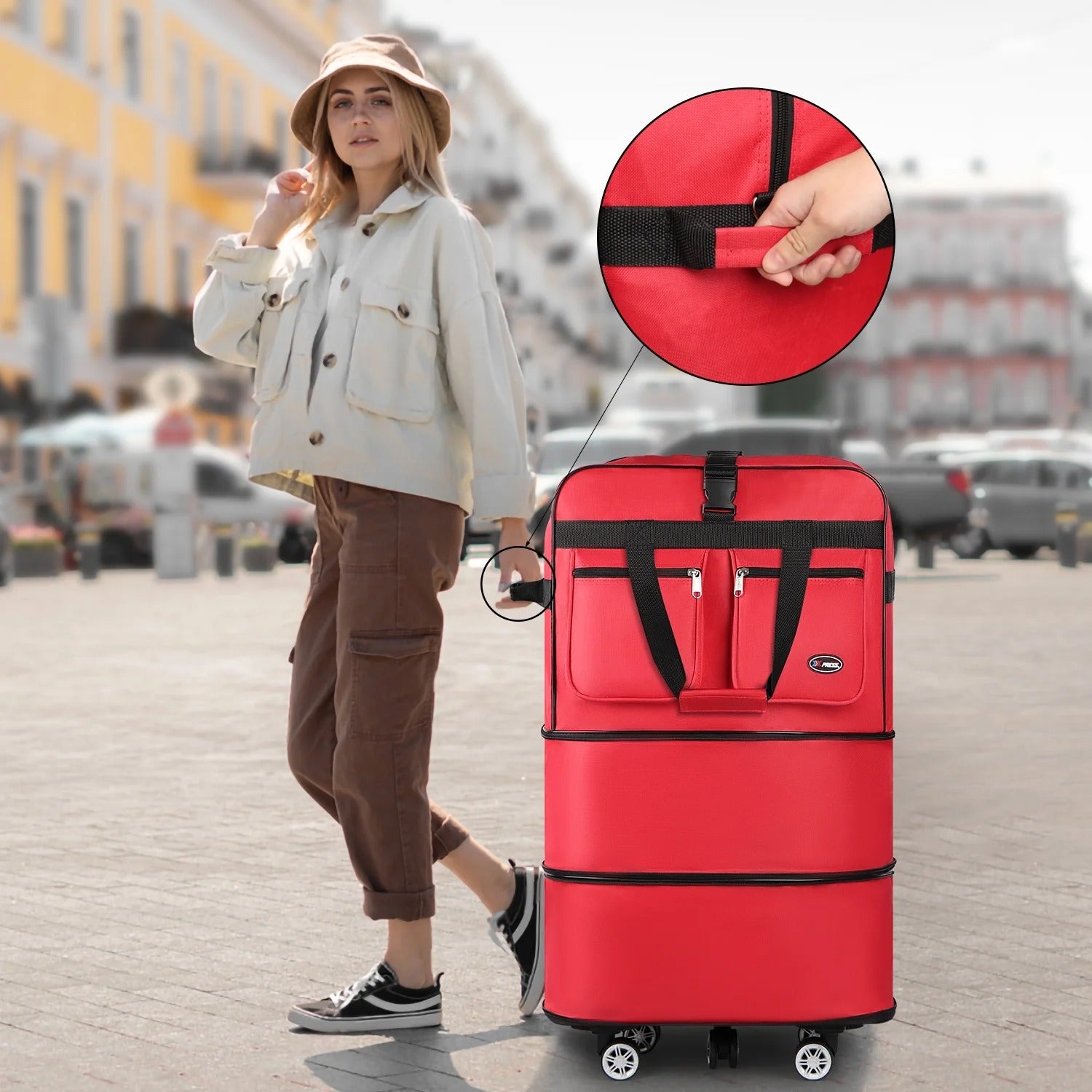3-Layer Expandable Foldable Suitcase Bag, Luggage Rolling Collapsible Duffel Bag with Removable Spinner Wheels,Large Capacity Water-Resistant Travel Bag for Trip Moving Storage