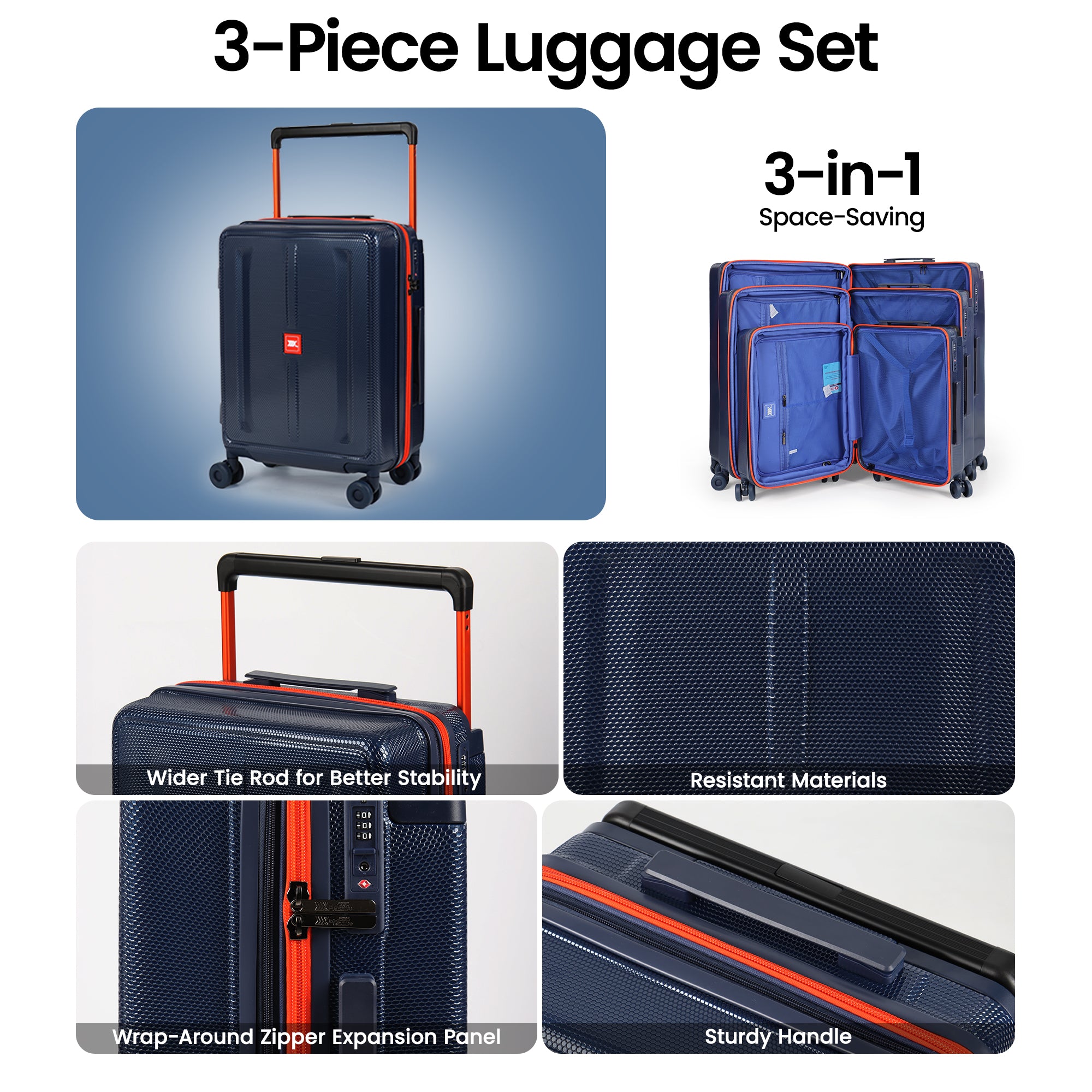 New York XPress LP-13803,3-Piece PC Hardshell Luggage, Expandable 20%, Spinner Wheels, TSA Lock, Wide Handle(20in/26in30in)