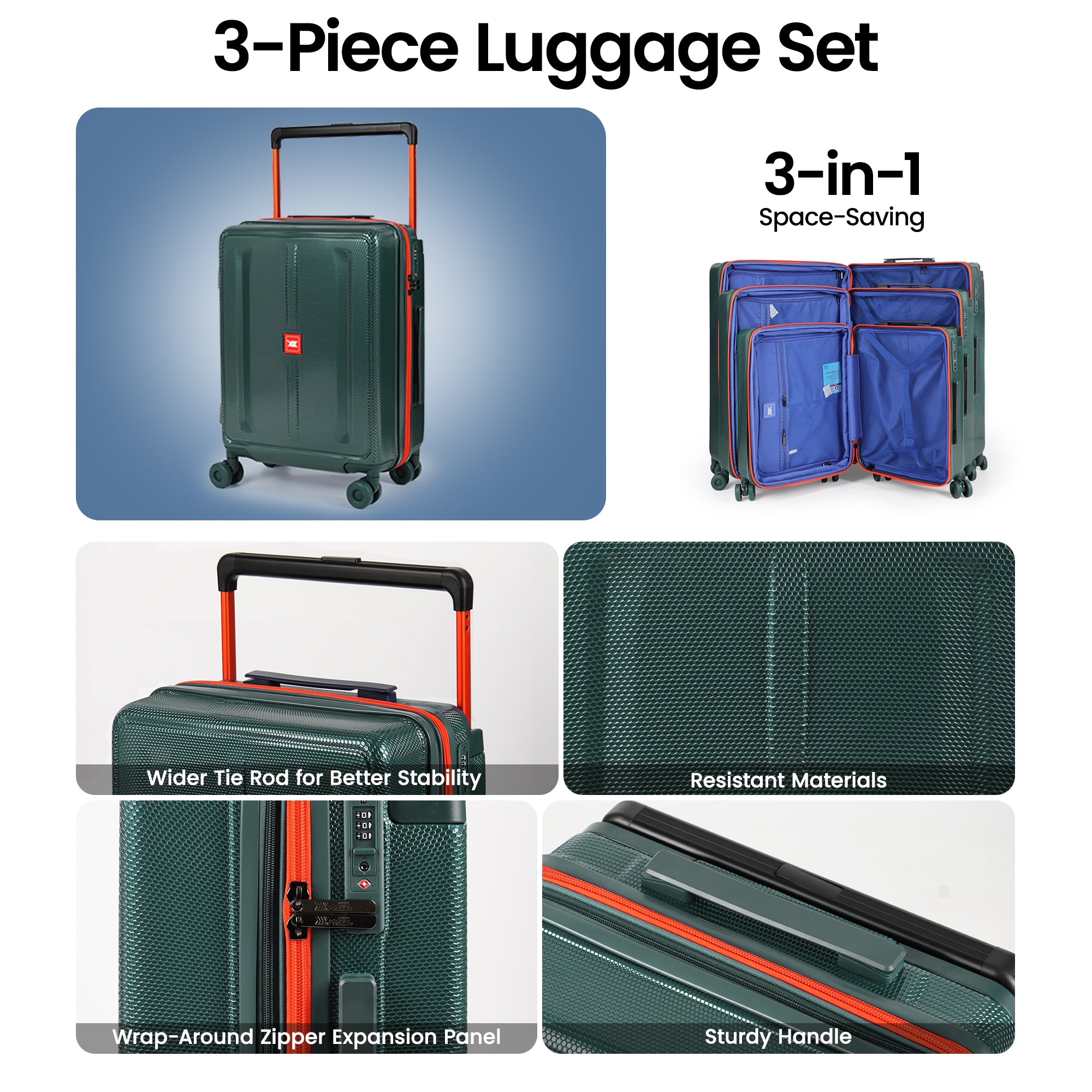 New York XPress LP-13803,3-Piece PC Hardshell Luggage, Expandable 20%, Spinner Wheels, TSA Lock, Wide Handle(20in/26in30in)