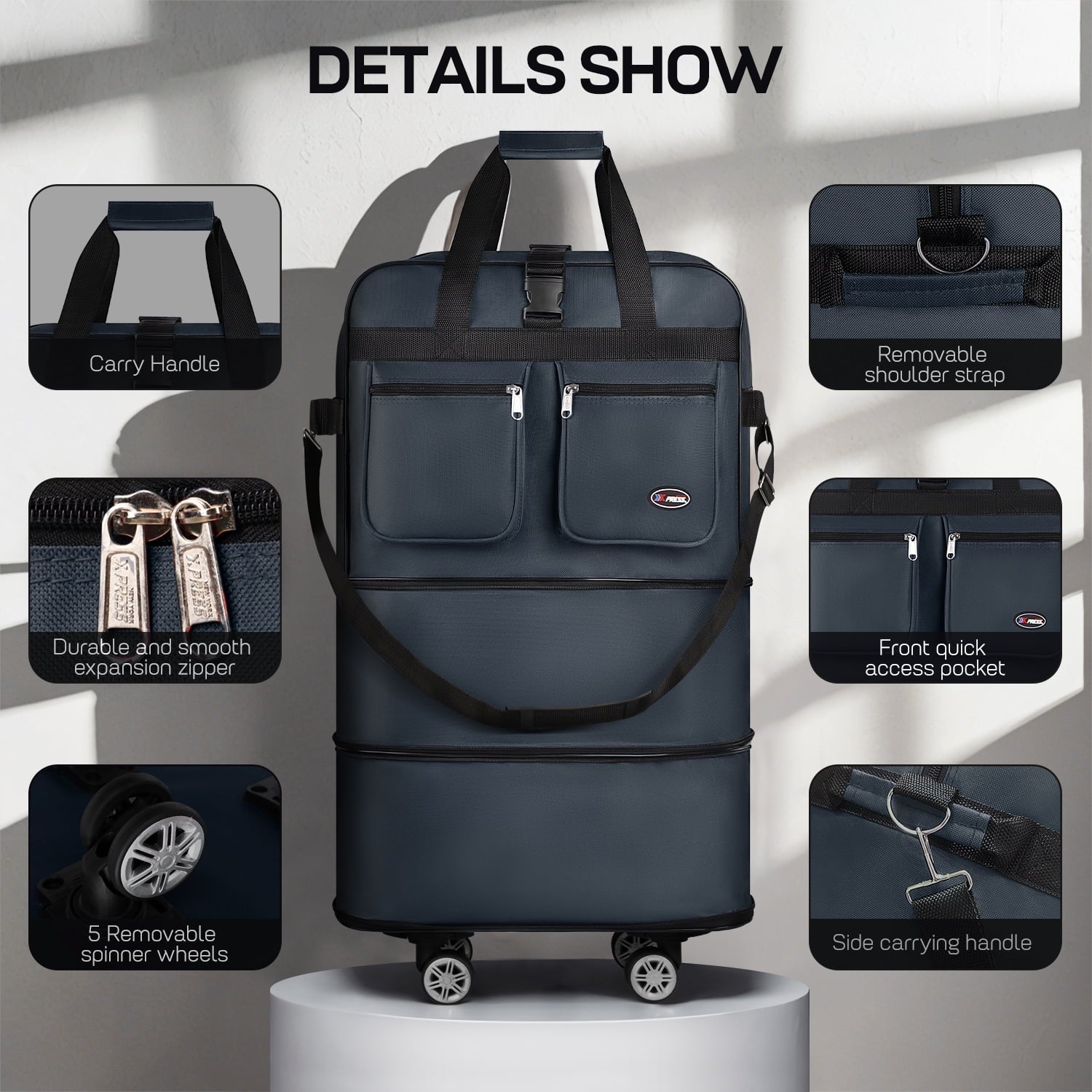 3-Layer Expandable Foldable Suitcase Bag, Luggage Rolling Collapsible Duffel Bag with Removable Spinner Wheels,Large Capacity Water-Resistant Travel Bag for Trip Moving Storage