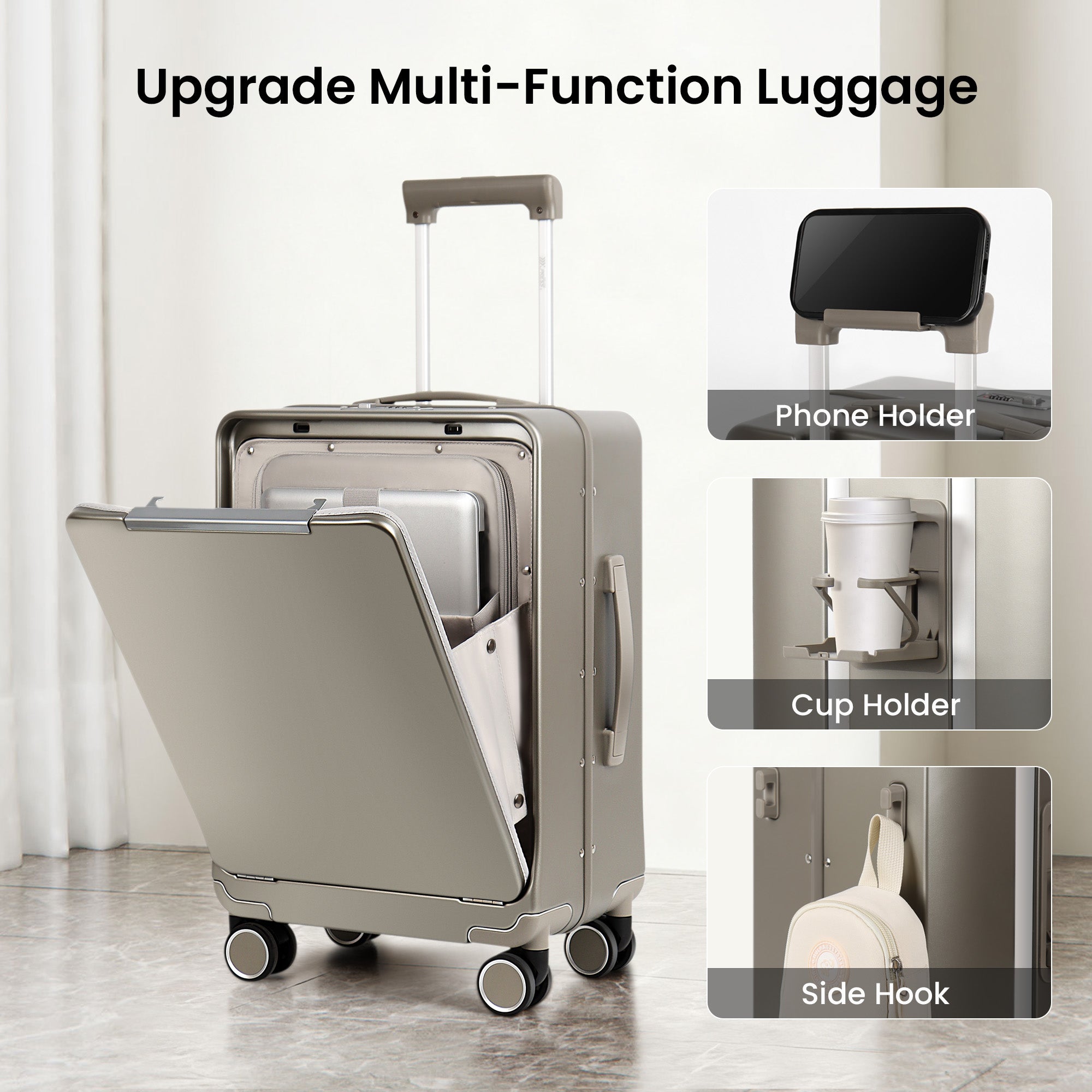 New York XPress LA-266, 20'' Carry on Luggage with Front Pocket & Cup Holder,Suitcase with Aluminum Frame,PC Hard Shell Suitcases w/TSA LOCK