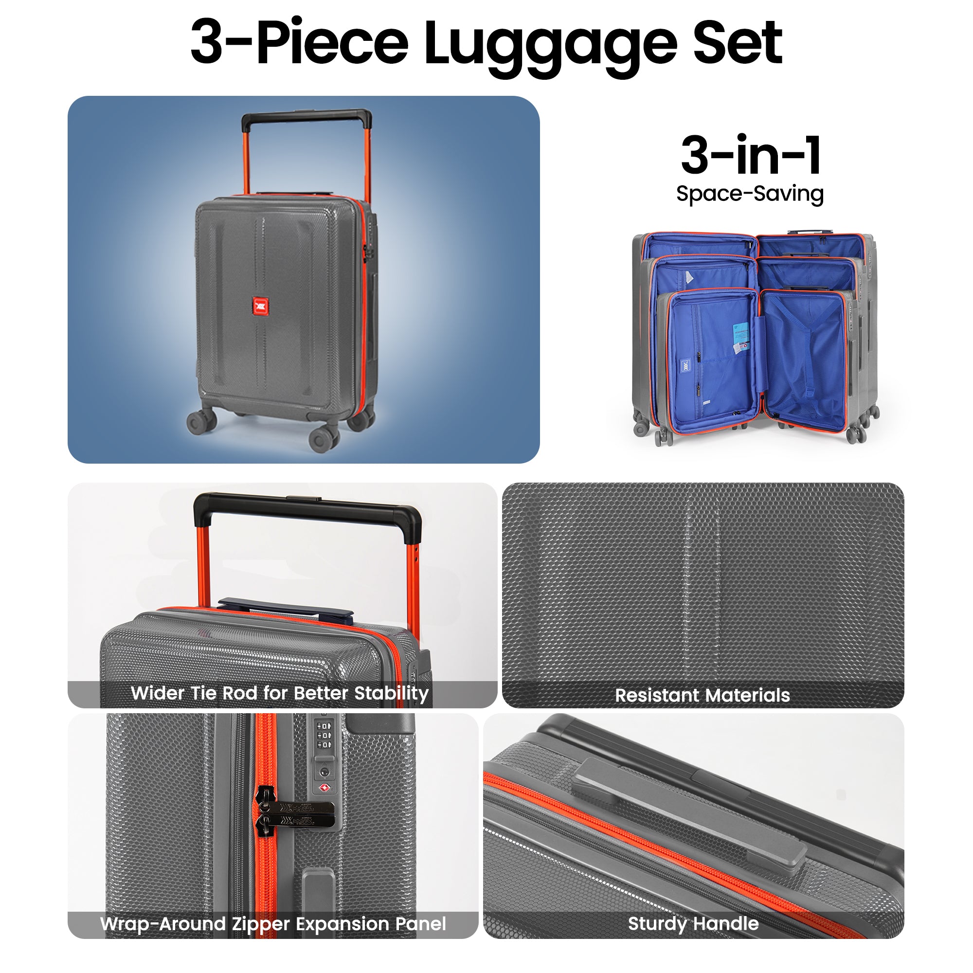 New York XPress LP-13803,3-Piece PC Hardshell Luggage, Expandable 20%, Spinner Wheels, TSA Lock, Wide Handle(20in/26in30in)