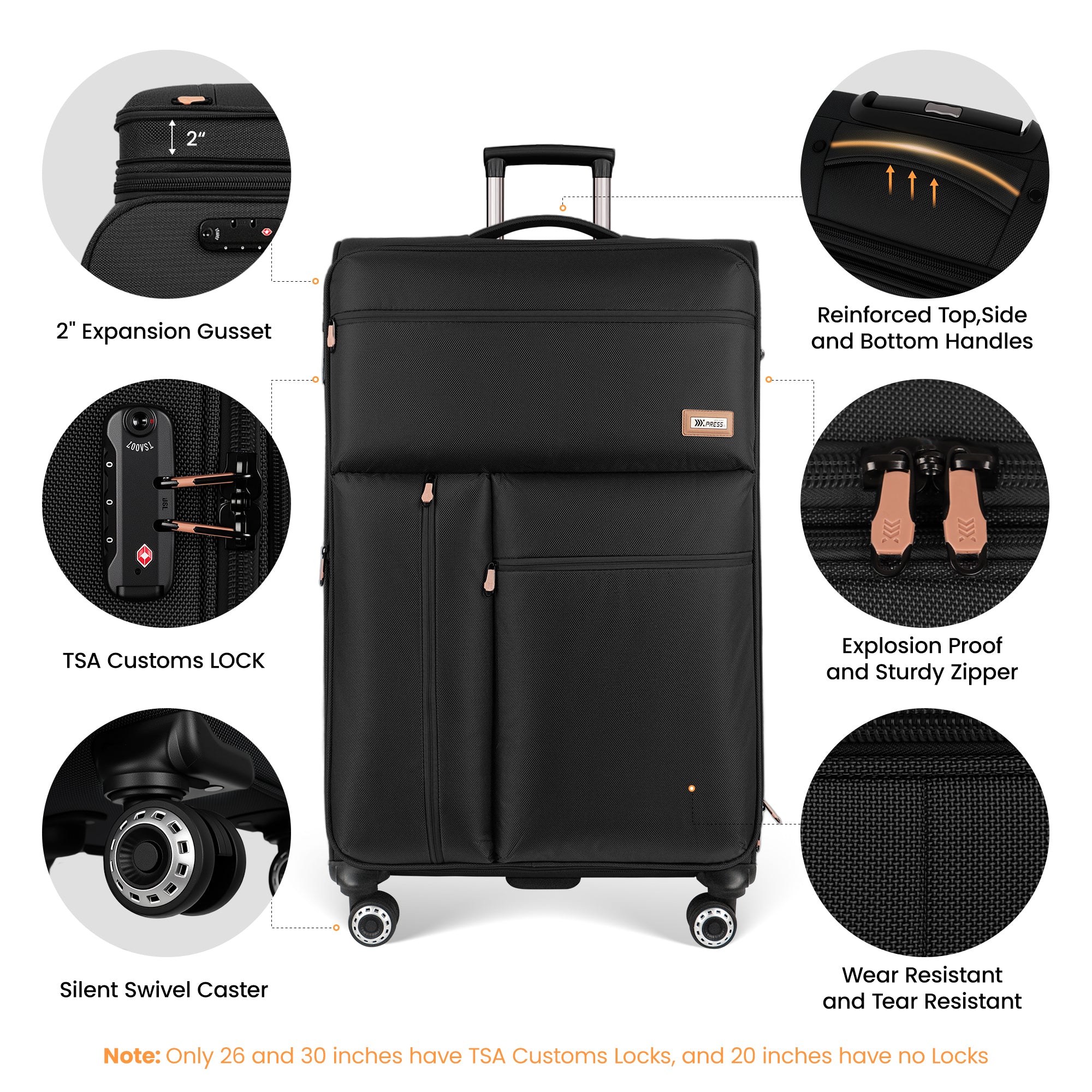 New York XPress XJ 1901,20in/26in/30in Softside Expandable Rolling Luggage w/TSA LOCK and Double Spinner Wheels,Lightweight Suitcases for Men Women