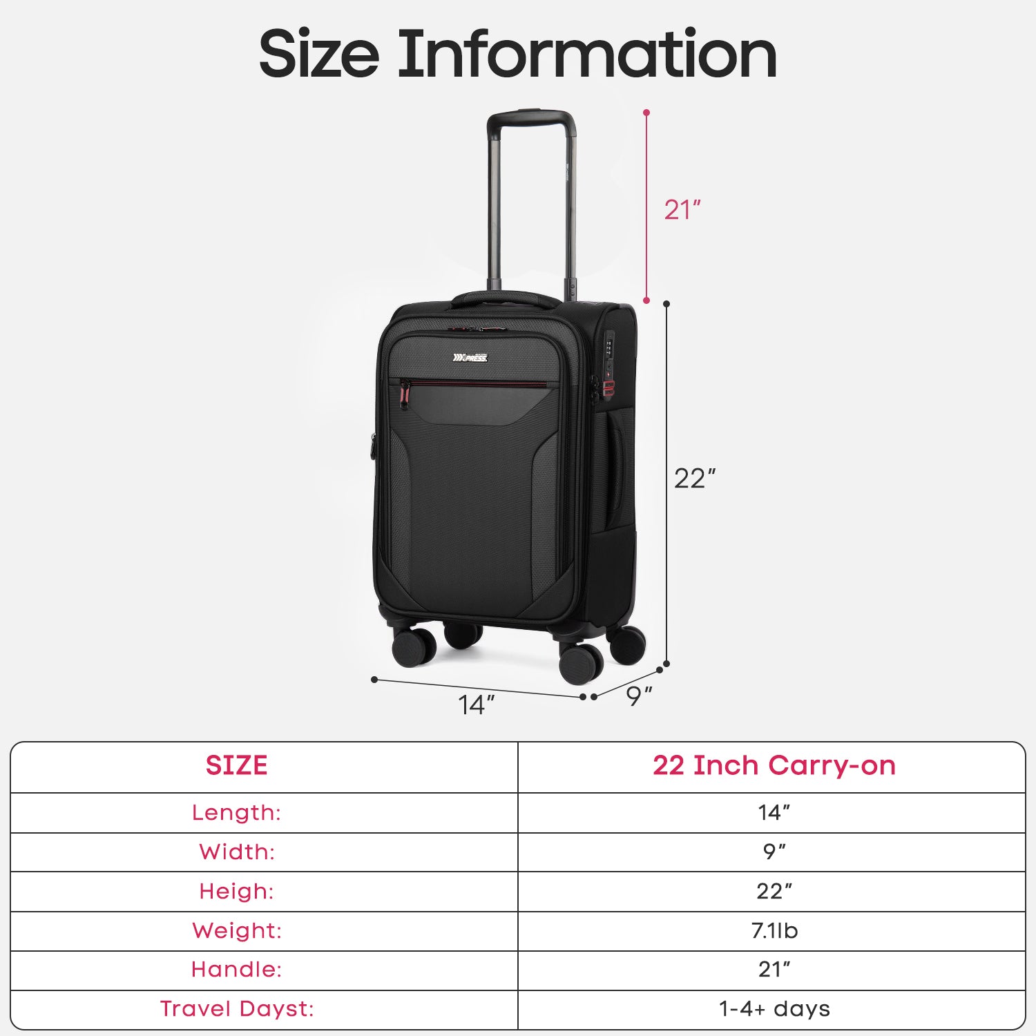 New York XPress WD-8817 Single Suitcase 20''/26''/30'',Lightweight Carry-On Suitcase with Spinner Wheels and TSA LOCK,Upright Softshell Luggage