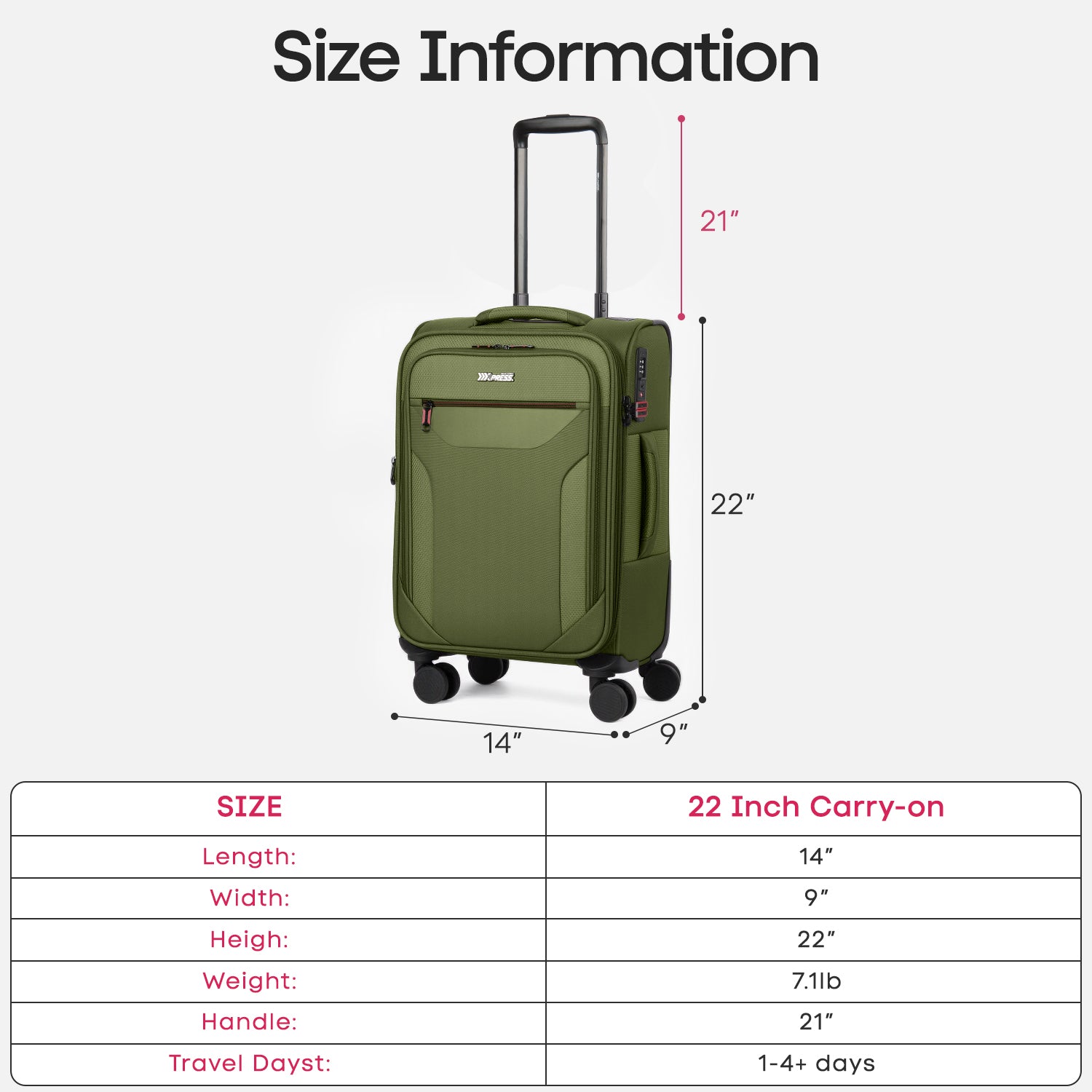 New York XPress WD-8817 Single Suitcase 20''/26''/30'',Lightweight Carry-On Suitcase with Spinner Wheels and TSA LOCK,Upright Softshell Luggage