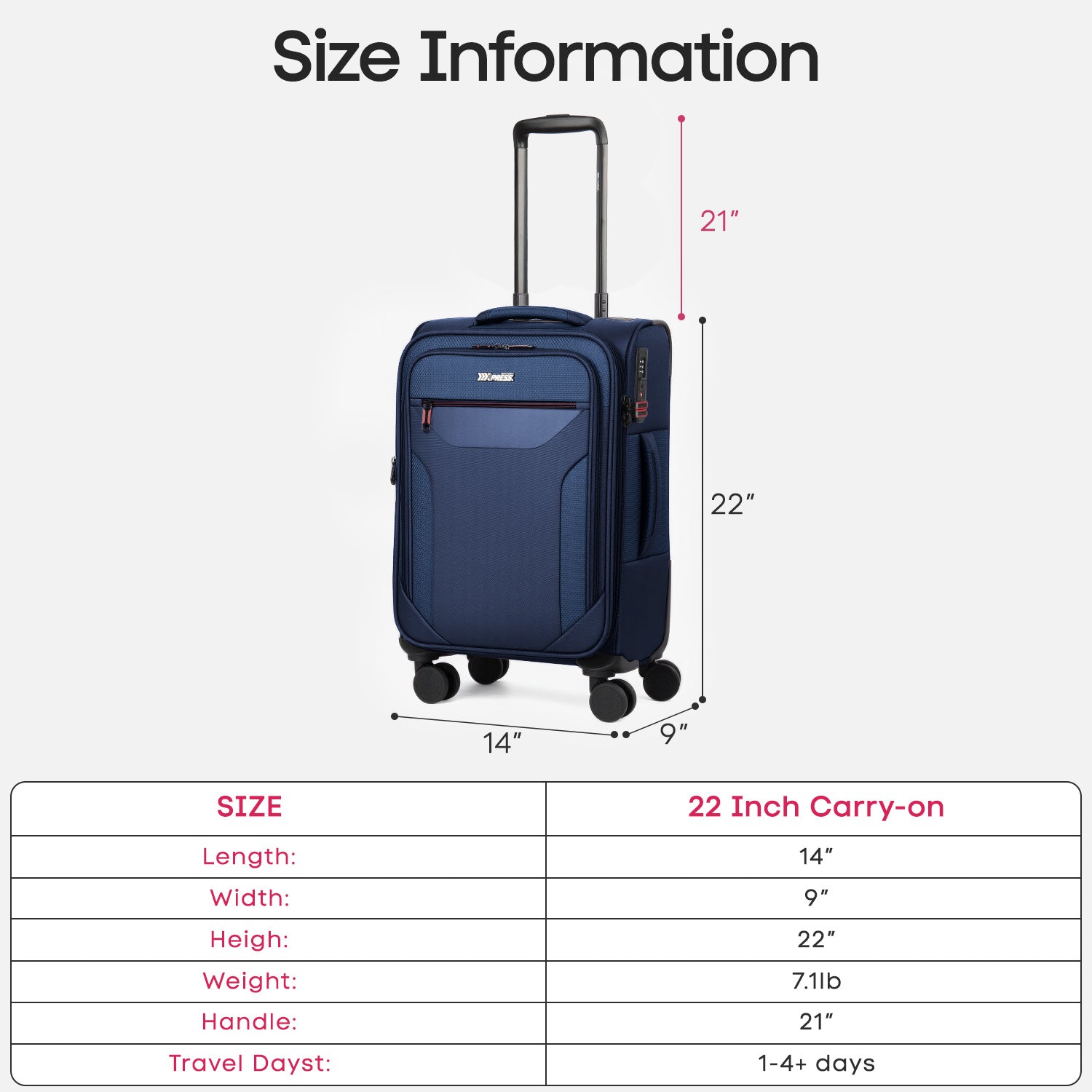 New York XPress WD-8817 Single Suitcase 20''/26''/30'',Lightweight Carry-On Suitcase with Spinner Wheels and TSA LOCK,Upright Softshell Luggage