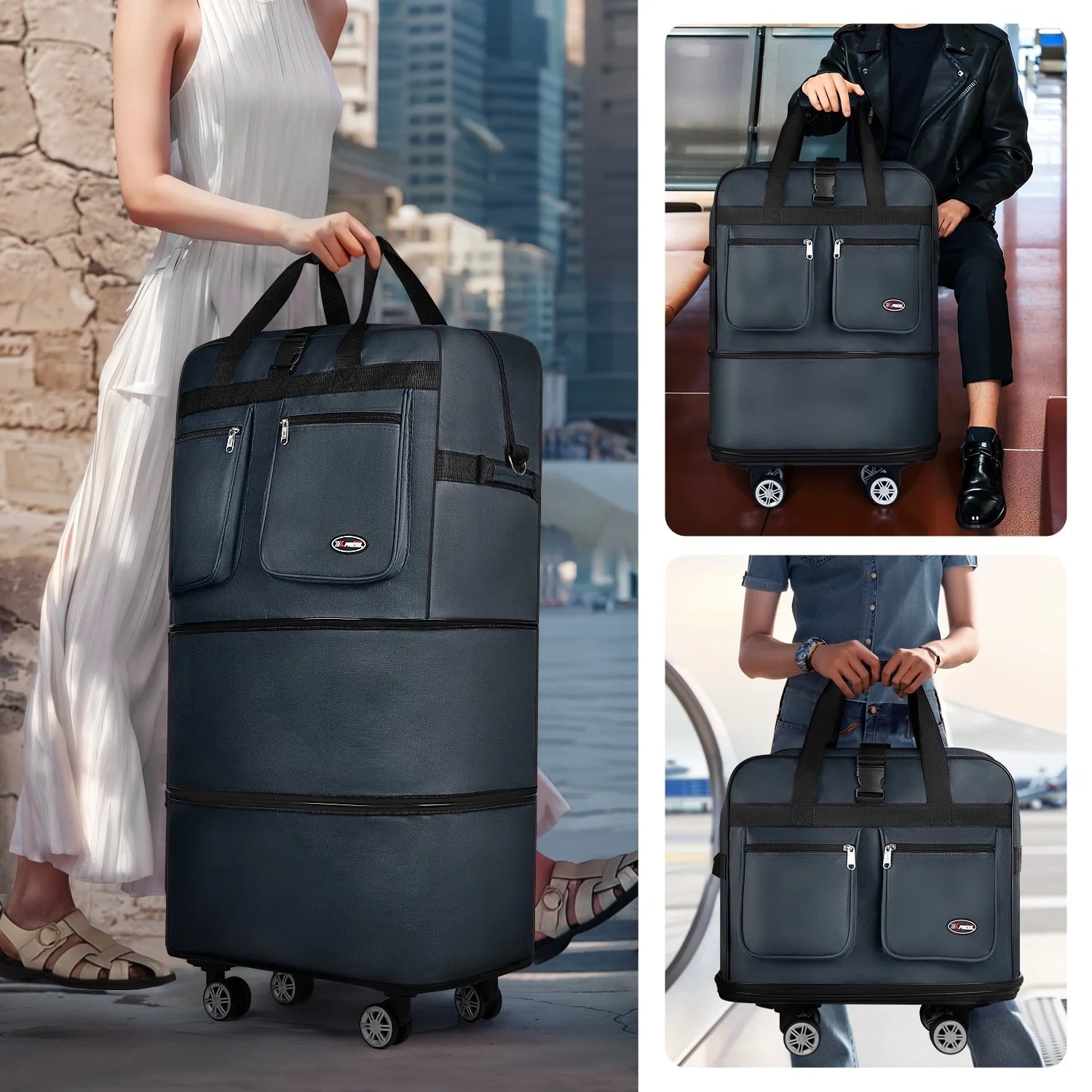 3-Layer Expandable Foldable Suitcase Bag, Luggage Rolling Collapsible Duffel Bag with Removable Spinner Wheels,Large Capacity Water-Resistant Travel Bag for Trip Moving Storage