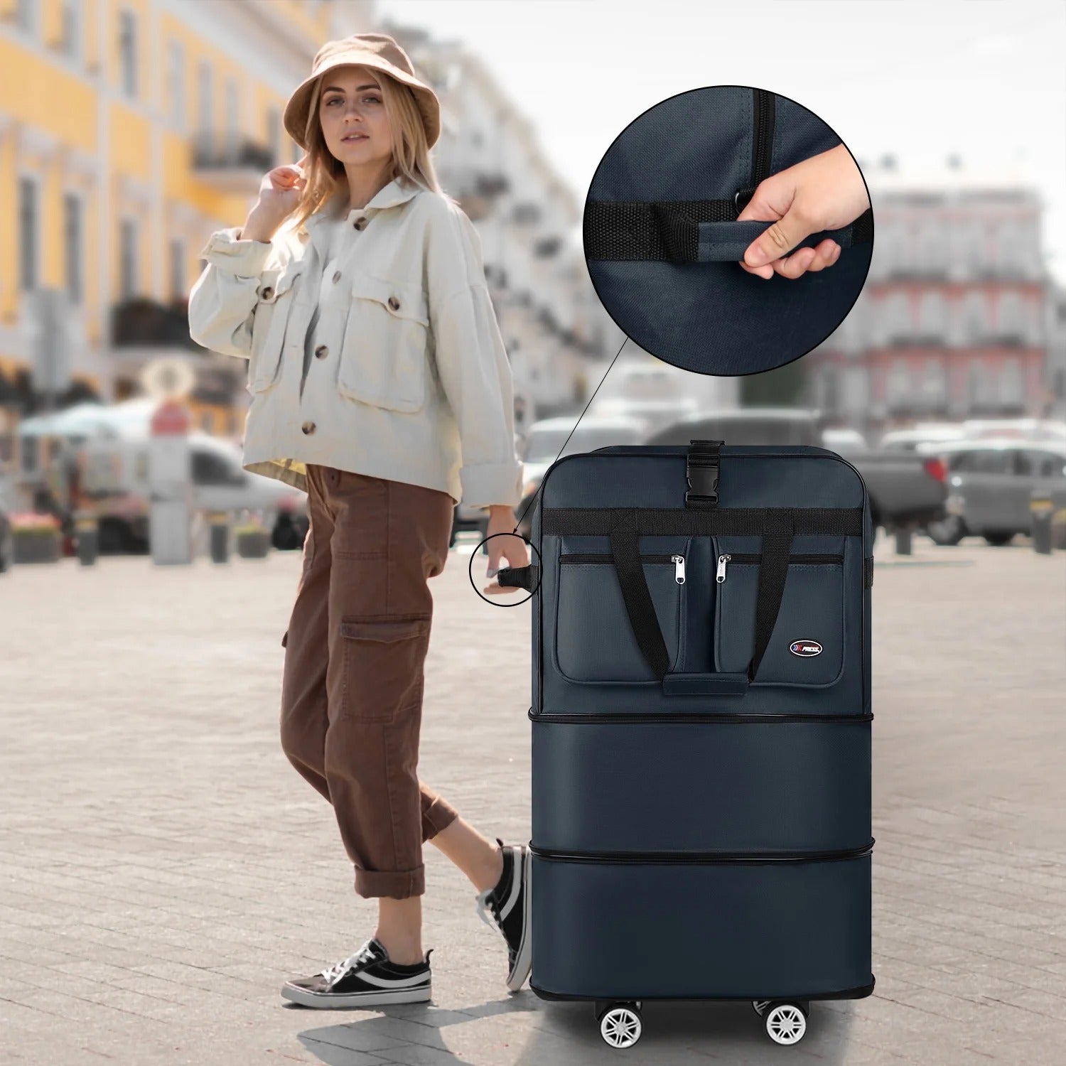 3-Layer Expandable Foldable Suitcase Bag, Luggage Rolling Collapsible Duffel Bag with Removable Spinner Wheels,Large Capacity Water-Resistant Travel Bag for Trip Moving Storage