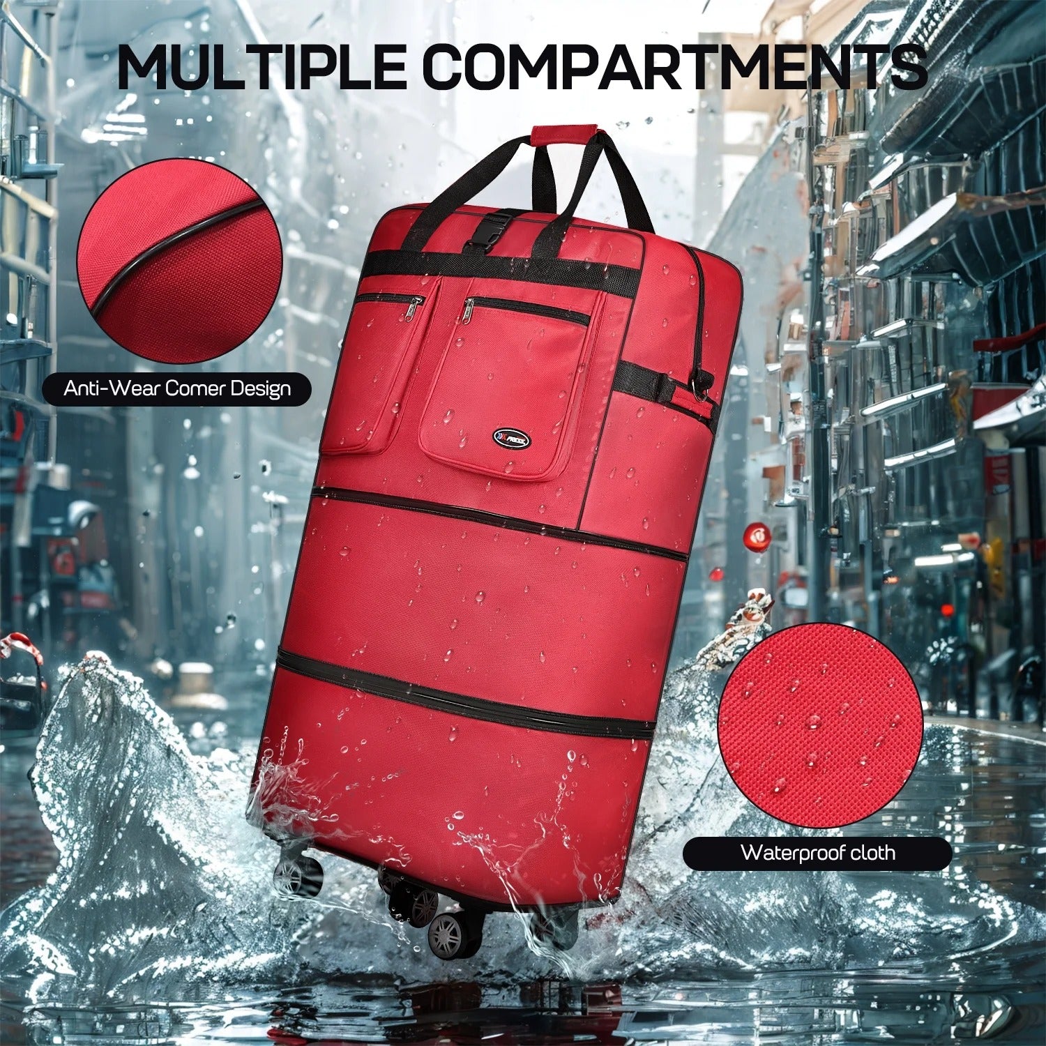 3-Layer Expandable Foldable Suitcase Bag, Luggage Rolling Collapsible Duffel Bag with Removable Spinner Wheels,Large Capacity Water-Resistant Travel Bag for Trip Moving Storage
