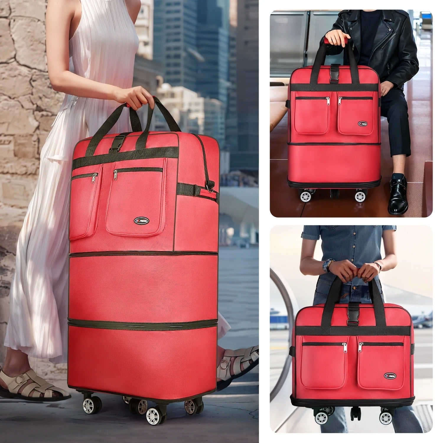3-Layer Expandable Foldable Suitcase Bag, Luggage Rolling Collapsible Duffel Bag with Removable Spinner Wheels,Large Capacity Water-Resistant Travel Bag for Trip Moving Storage