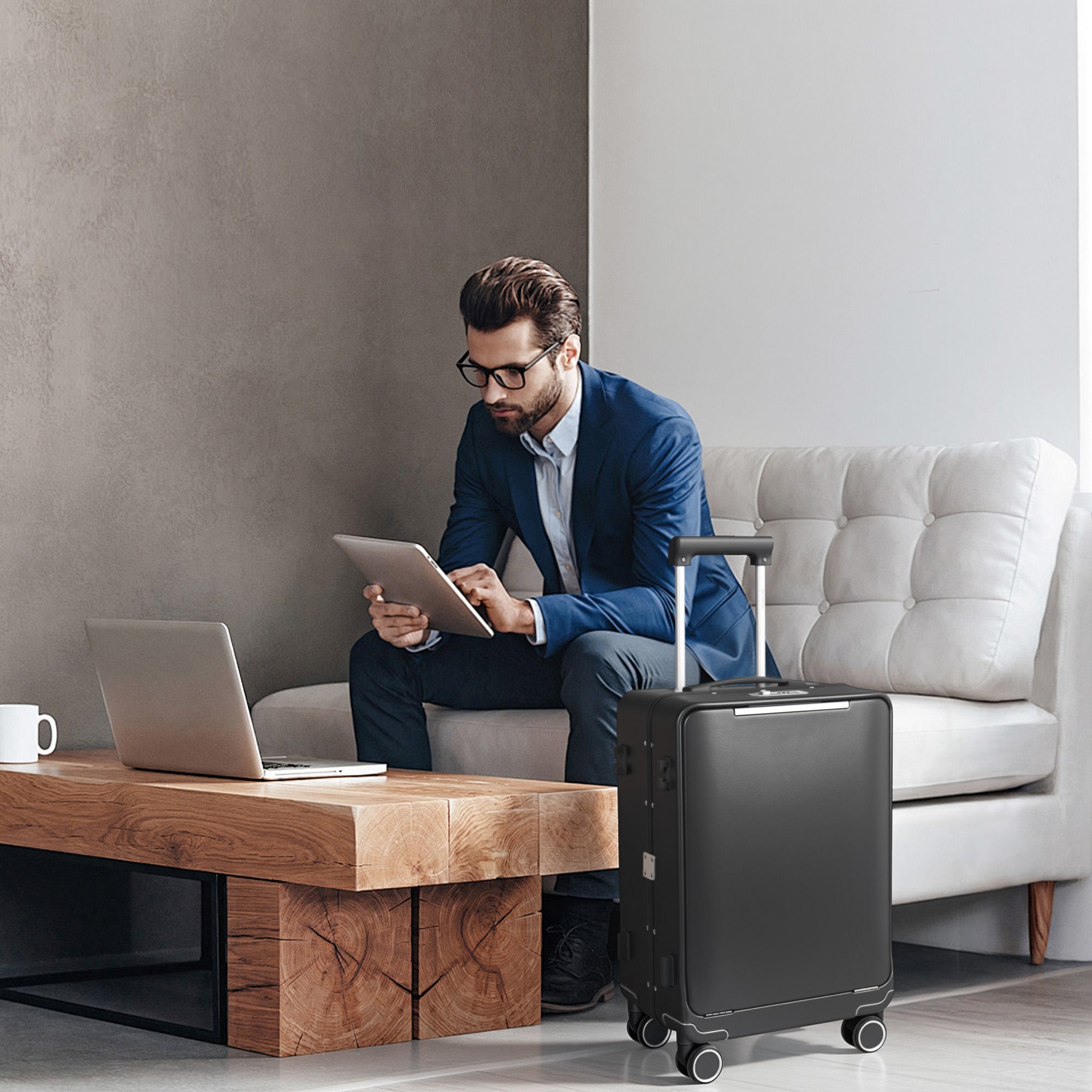 New York XPress LA-266, 20'' Carry on Luggage with Front Pocket & Cup Holder,Suitcase with Aluminum Frame,PC Hard Shell Suitcases w/TSA LOCK