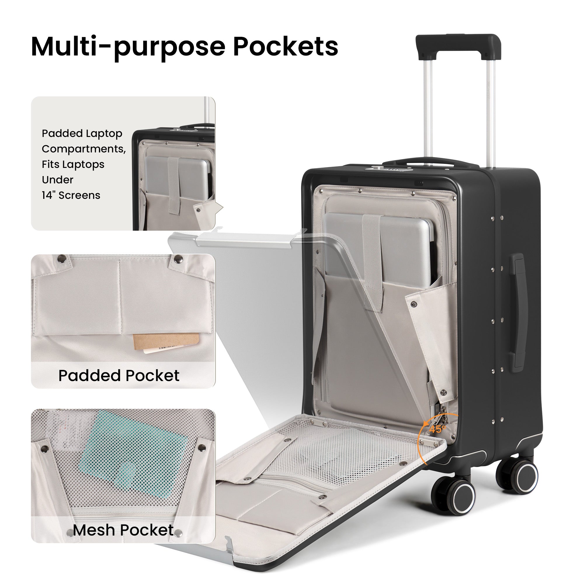 New York XPress LA-266, 20'' Carry on Luggage with Front Pocket & Cup Holder,Suitcase with Aluminum Frame,PC Hard Shell Suitcases w/TSA LOCK