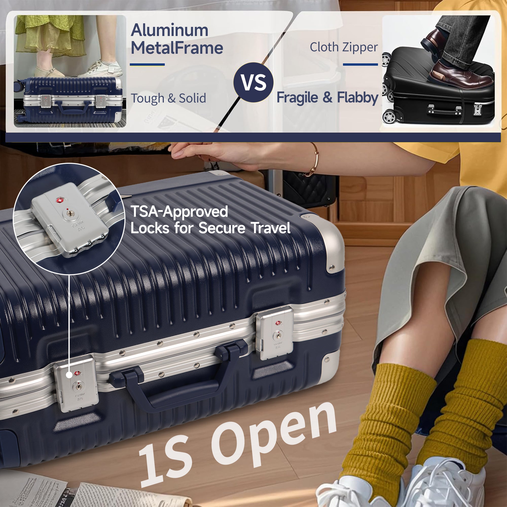 Luggage AL1377,Carry On Luggage 20 inch,Aluminum Alloy Zipperless Suitcase with Spinner Wheels
