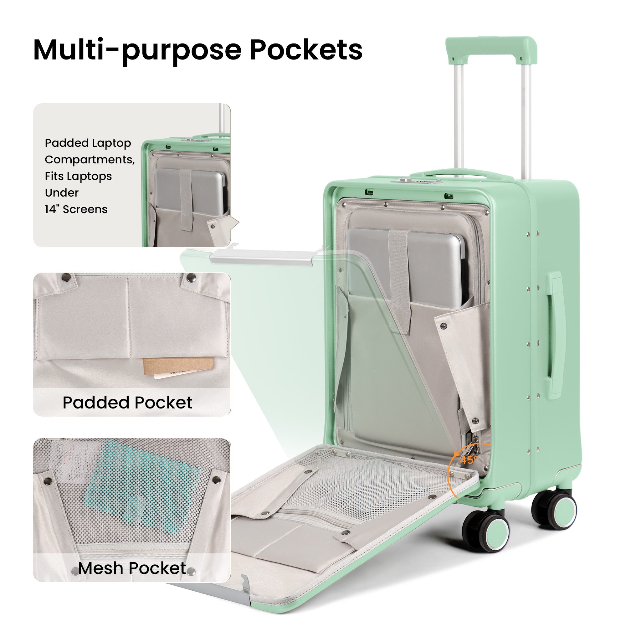 New York XPress LA-266, 20'' Carry on Luggage with Front Pocket & Cup Holder,Suitcase with Aluminum Frame,PC Hard Shell Suitcases w/TSA LOCK
