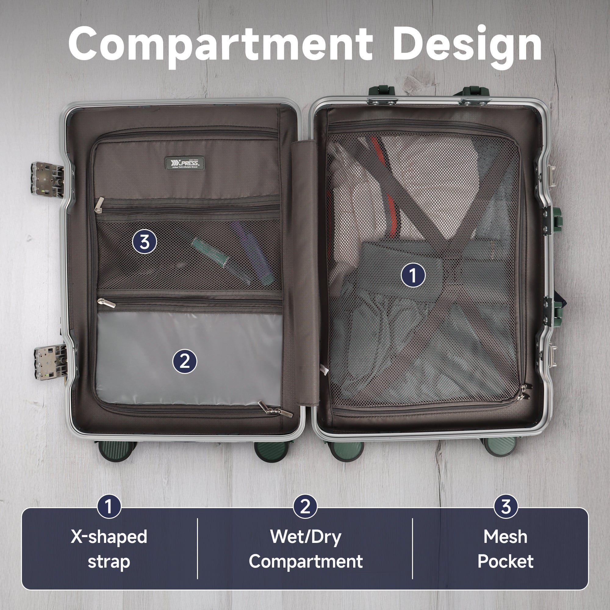 New York XPress AL1377 20" Aluminum Luggage, Zipperless Spinner Carry-On, TSA LOCK